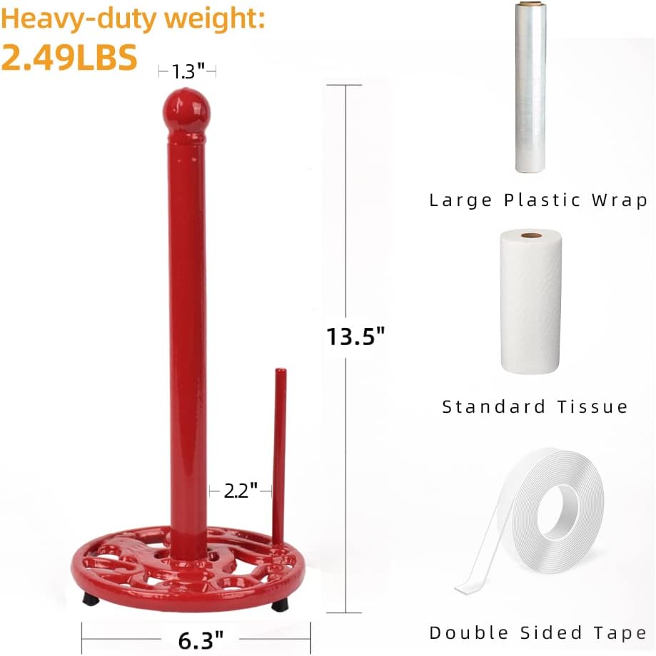 Vintage Paper Towel Stand - Cast Iron Kitchen Countertop Decor, Easy Tear Roll Towel Holder, Red