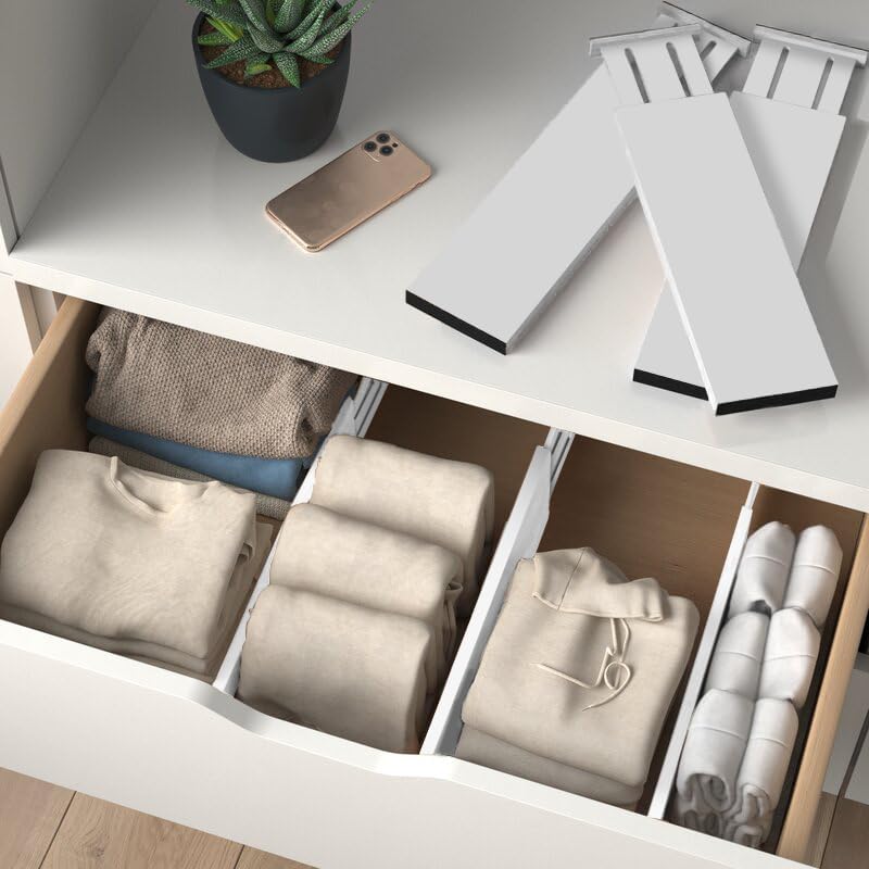 6 Pack Drawer Dividers 6 Inch High, 11”-17" Adjustable Bamboo Organizers Large Expandable Drawer Separators for Cloths, Dresser, Bedroom, Bathroom, Baby Drawer, Office & Kitchen Utensils (White)