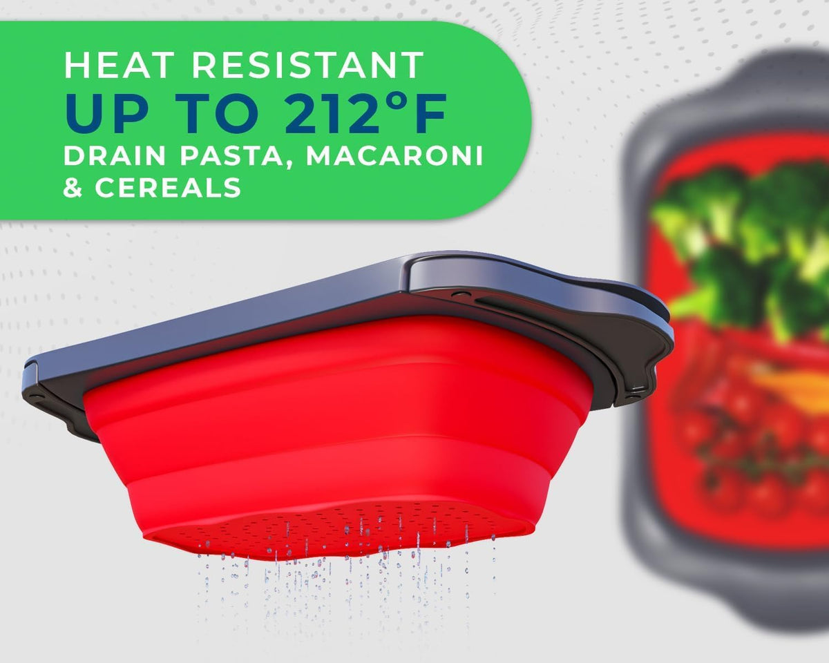 XL Large Kitchen Strainer by Comfify - Collapsible Silicone Over-The-Sink Colander with Extendable Handles - Use with Pasta, Fruit, Berries & Veggie - 6 Quart - Red