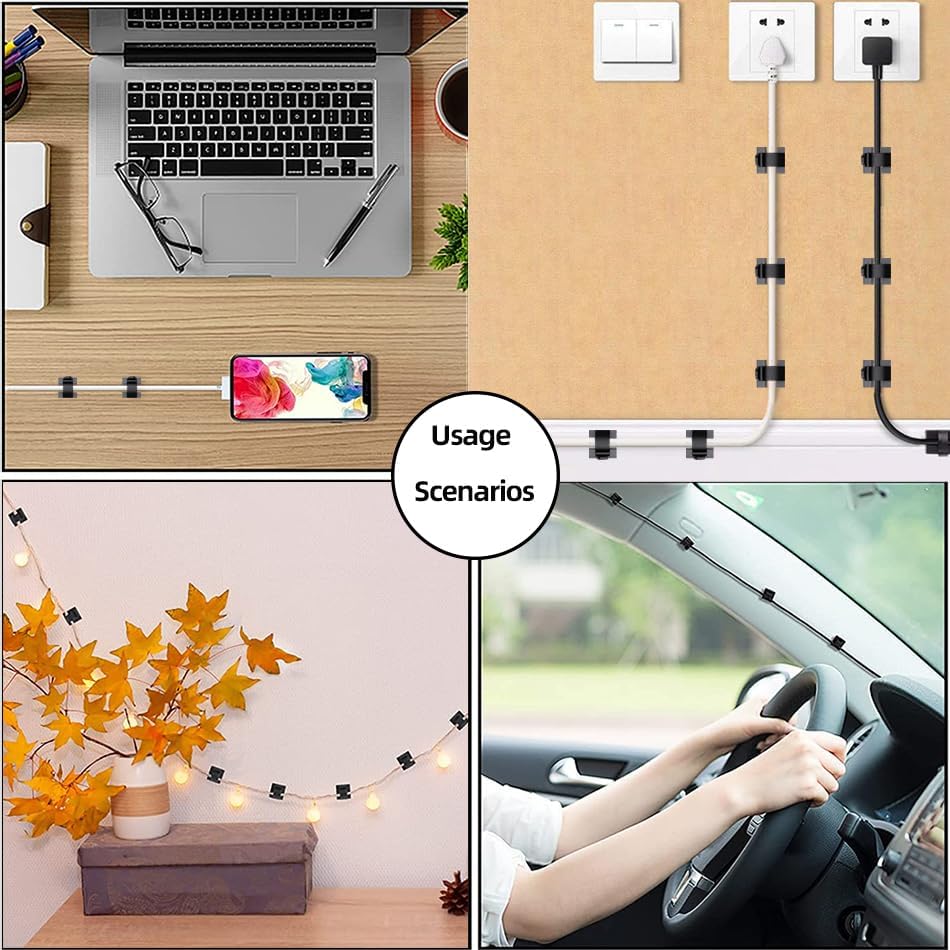 100 PCS Adhesive Cable Clips Cord Organizer (Small, Medium,Large),Wire Holder for Cable Management, Outdoor Light Clips Light Hooks for LED String,Car Dash Cam, Extension Cord (Black)