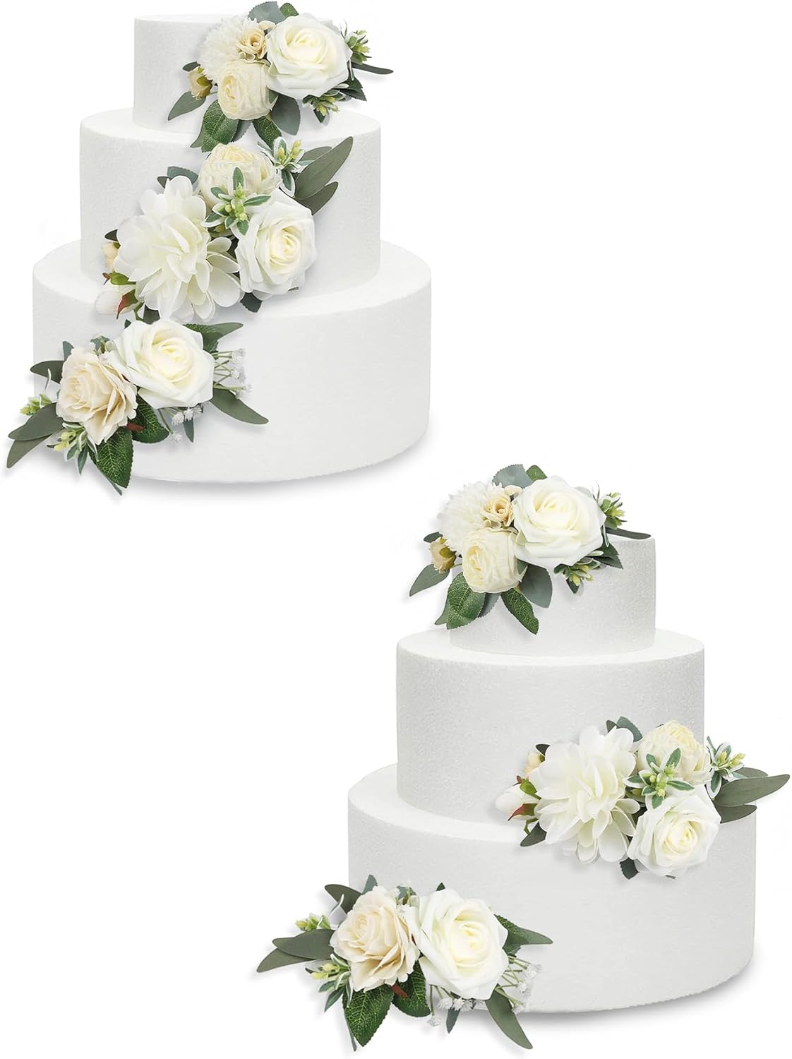 Rinlong 3Pcs Pre-made Cake Flowers Toppers White Green Cake Decorations Wedding Cake Decorating Flowers Decor Birthday Baptism Party Cake Topper