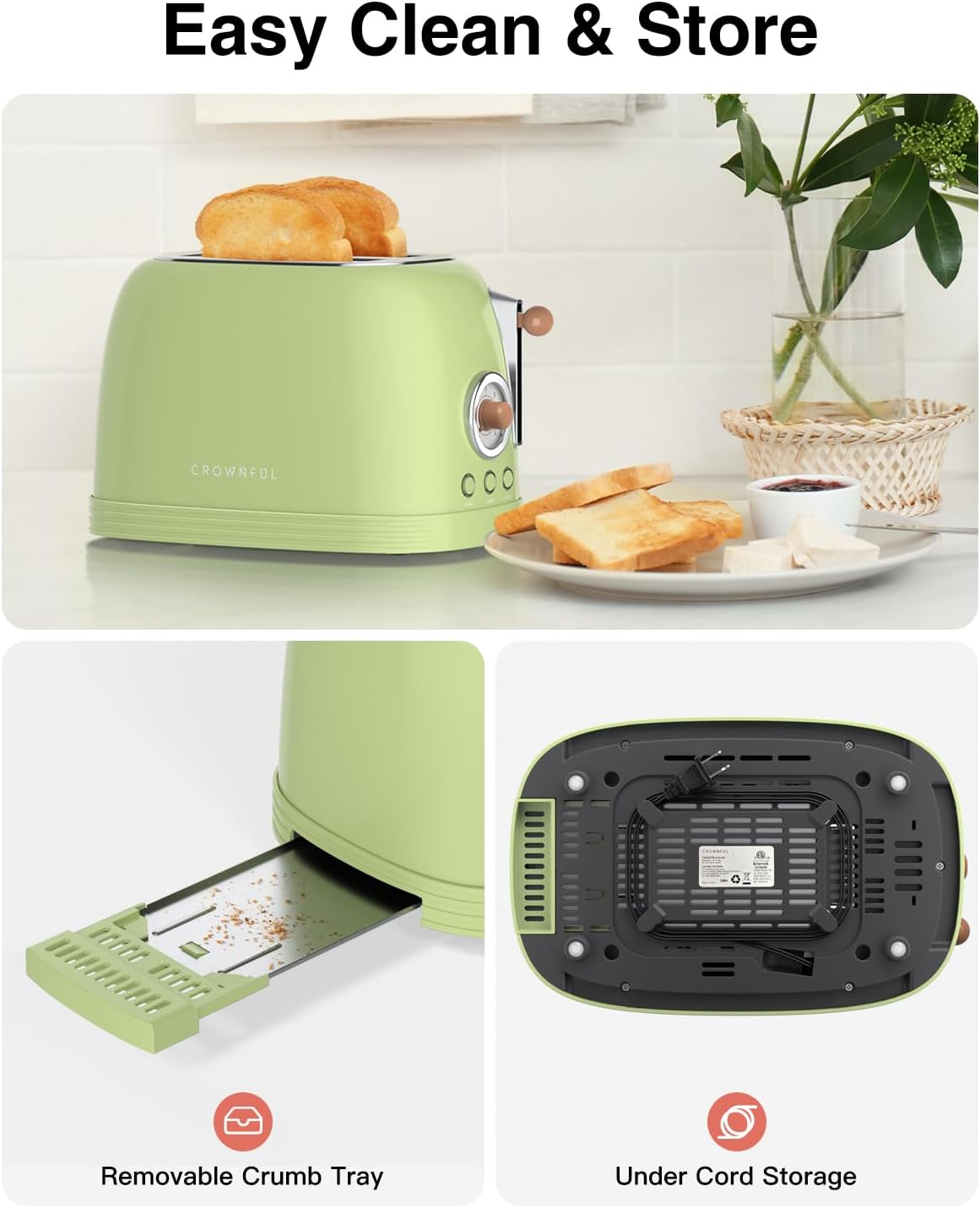 CROWNFUL 2-Slice Toaster, Extra Wide Slots Toaster, Retro Stainless Steel with Bagel, Cancel, Defrost, Reheat Function and 6-Shade Settings, Removal Crumb Tray, Green