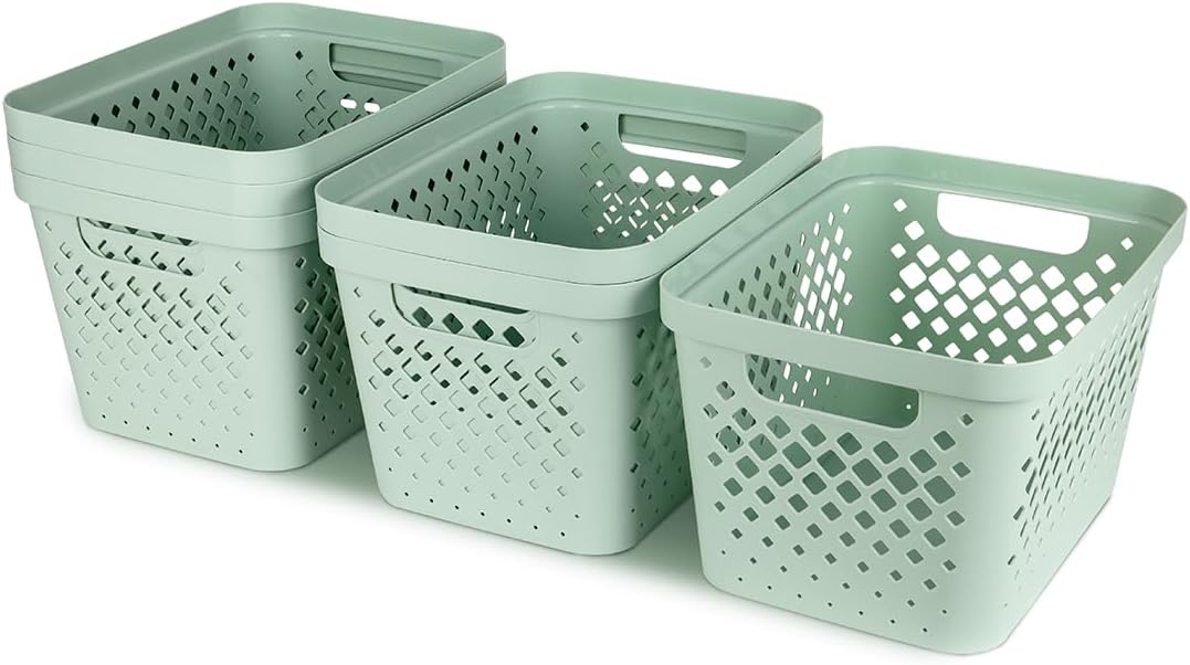 Glad Plastic Storage Basket Set, Value Pack of 6 | Open Storage Bins for Shelves, Bathroom, Pantry, Closet | Nesting Organizer Boxes with Handles, 4 Gallon, Sage