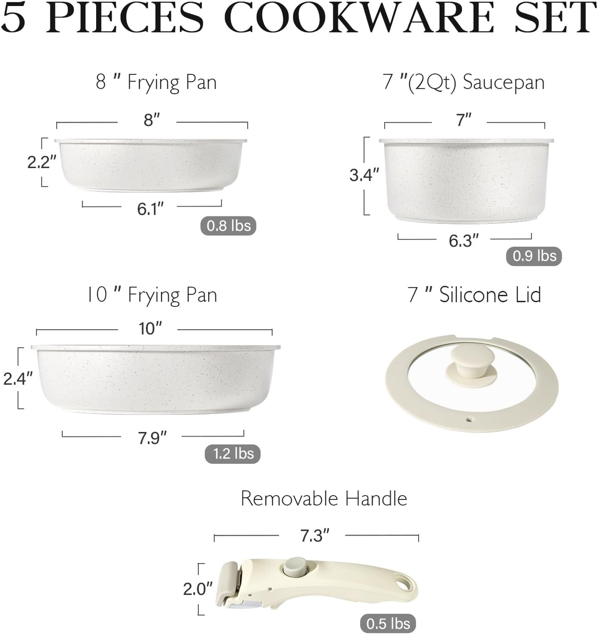 GiPP 5Pcs Pots and Pans Set Non Stick, Cookware Sets Nonstick Detachable Handle, Induction Kitchen Set Removable Handle, RV Cookware set, Oven Safe