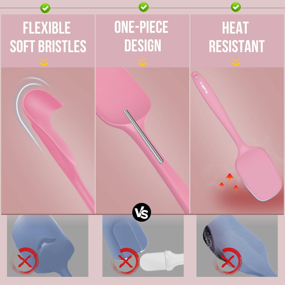 Walfos Silicone Spatula Set of 5 - (600°F) High Heat Resistant Kitchen Scraper Spatulas, One-Pieces Seamless Design, Perfect for Cooking Mixing & Baking - BPA Free and Dishwasher Safe(Pink)