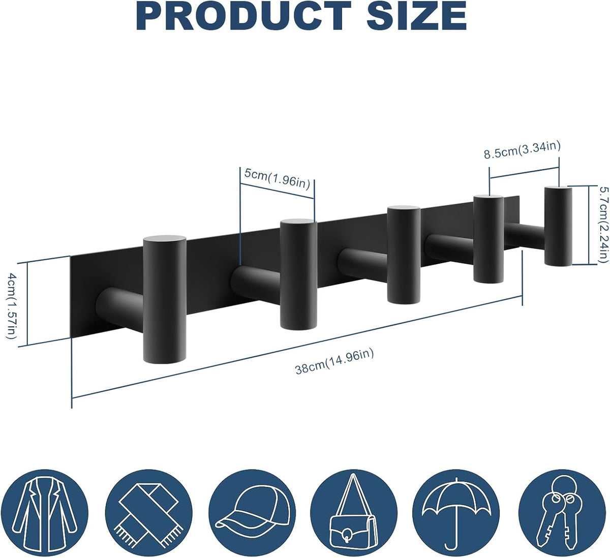 PMMASTO Coat Rack Wall Mounted, 5 "T Shaped Wall Hooks for Hanging, Heavy Duty Stainless Steel Coat Hook Rail for Hat Towel Robes in Bathroom Kitchen Mudroom Entryway (Black, 1 Pack)