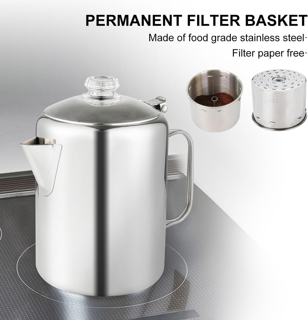 Coffee Percolator Bundle with 2 Mugs Stainless Steel Coffee Maker with Heat Resistant Tough Glass Knob & Foldable Handle Using on any Stovetop Outdoor Camping NO Aluminum NO Plastic (8 Cup)
