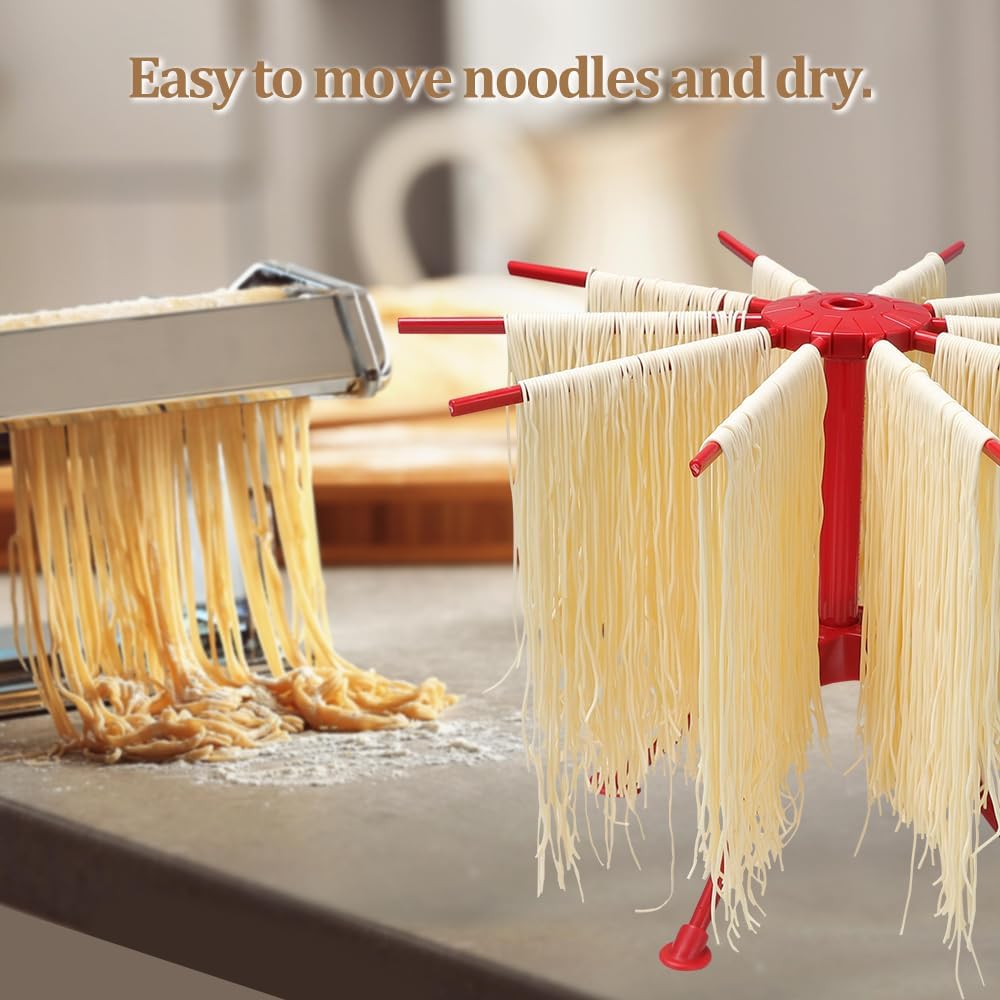 Ourokhome Collapsible Pasta Drying Rack, Plastic Foldable Homemade Fresh Spaghetti Stand Dryer Noodle Hanger for Kitchen with 10 Arms, Stable, Easy Storage, Quickly Set Up (Red)
