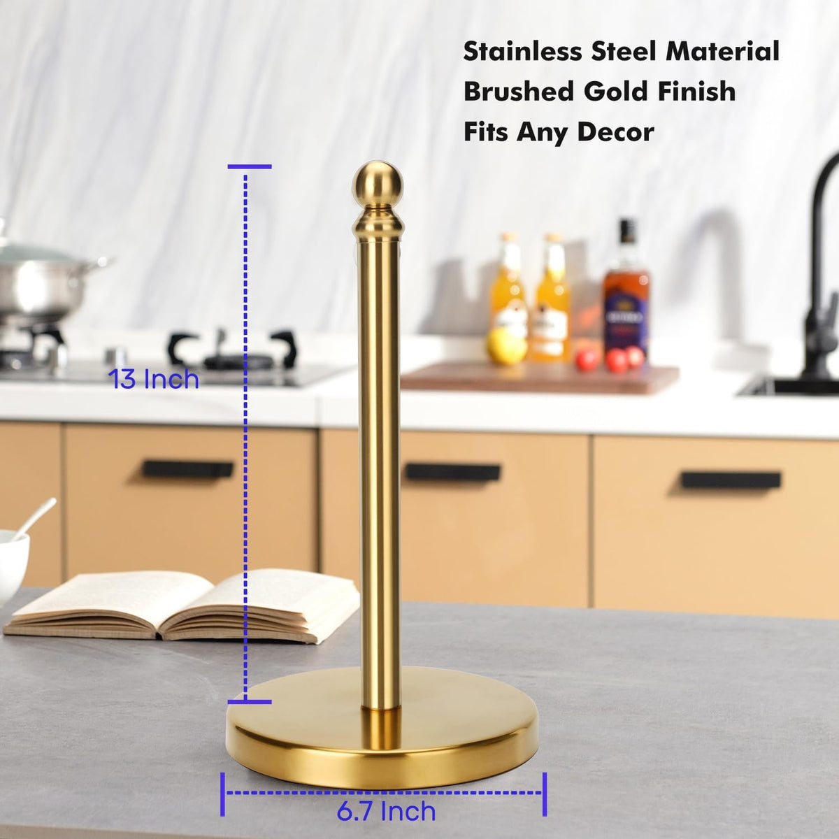 Gold Paper Towel Holder Countertop with Weighted Stainless Steel Base, One-Handed Design No Tipping Over, Standing Paper Towel Holder Standing in Brushed Gold Finish