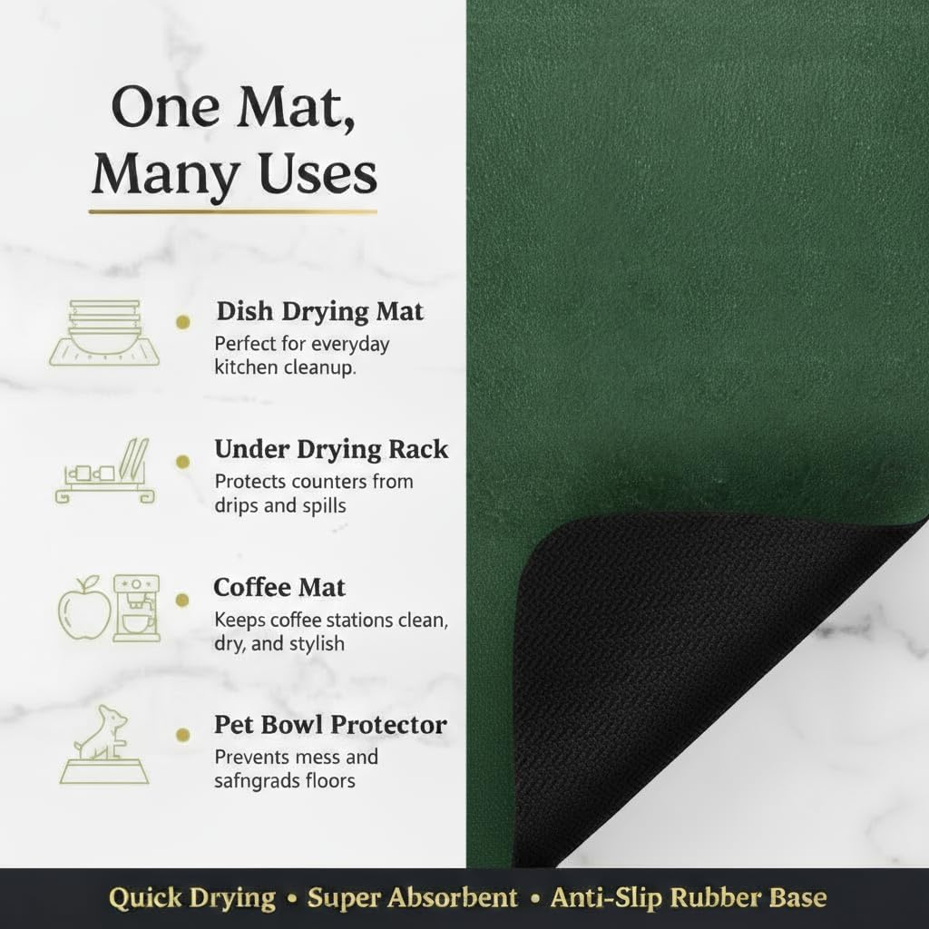 Dish Drying Mat Super Absorbent – 16" x 18" Coffee Mat for Countertops – Non-Slip Drying Mat for Kitchen Counter – Easy to Clean Water Absorbent Mat – Large Dish Drying Mats (Brown)