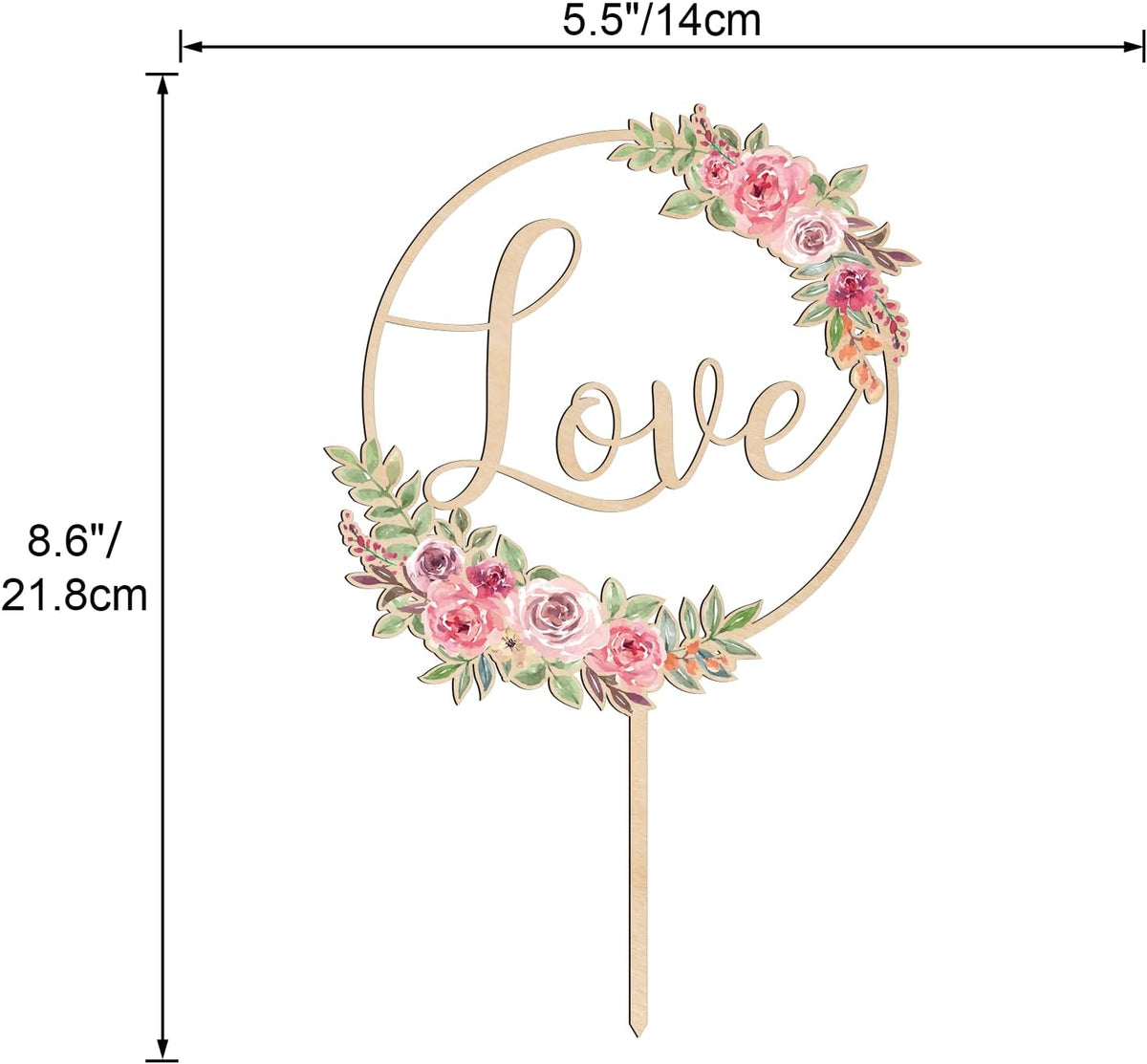 Love Wedding Cake Topper Floral Wedding Engagement Cake Decoration in Wood (Design 01)