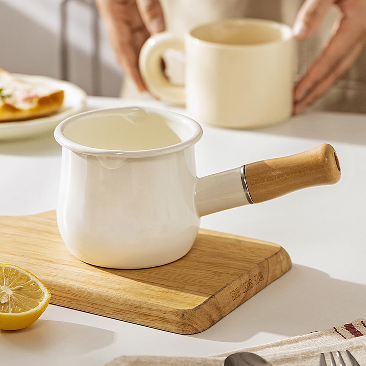 Enamel Milk Pot, Small Saucepan Milk Pot Butter Warmer 4 Inch 17 Oz Enamel Small Sauce Pan with Wooden Handle, Perfect Size for Heating Smaller Liquid Portions. (White)