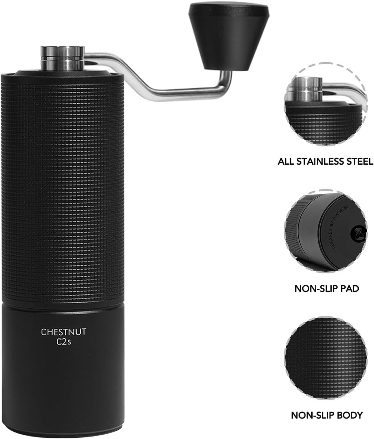 TIMEMORE Manual Coffee Grinder Stainless Steel Conical Hand Grinder Burr Chestnut C2S Internal Adjustable Setting Capacity 20g Pour Over Mocha Coffee for Travel, Camping, Home Black