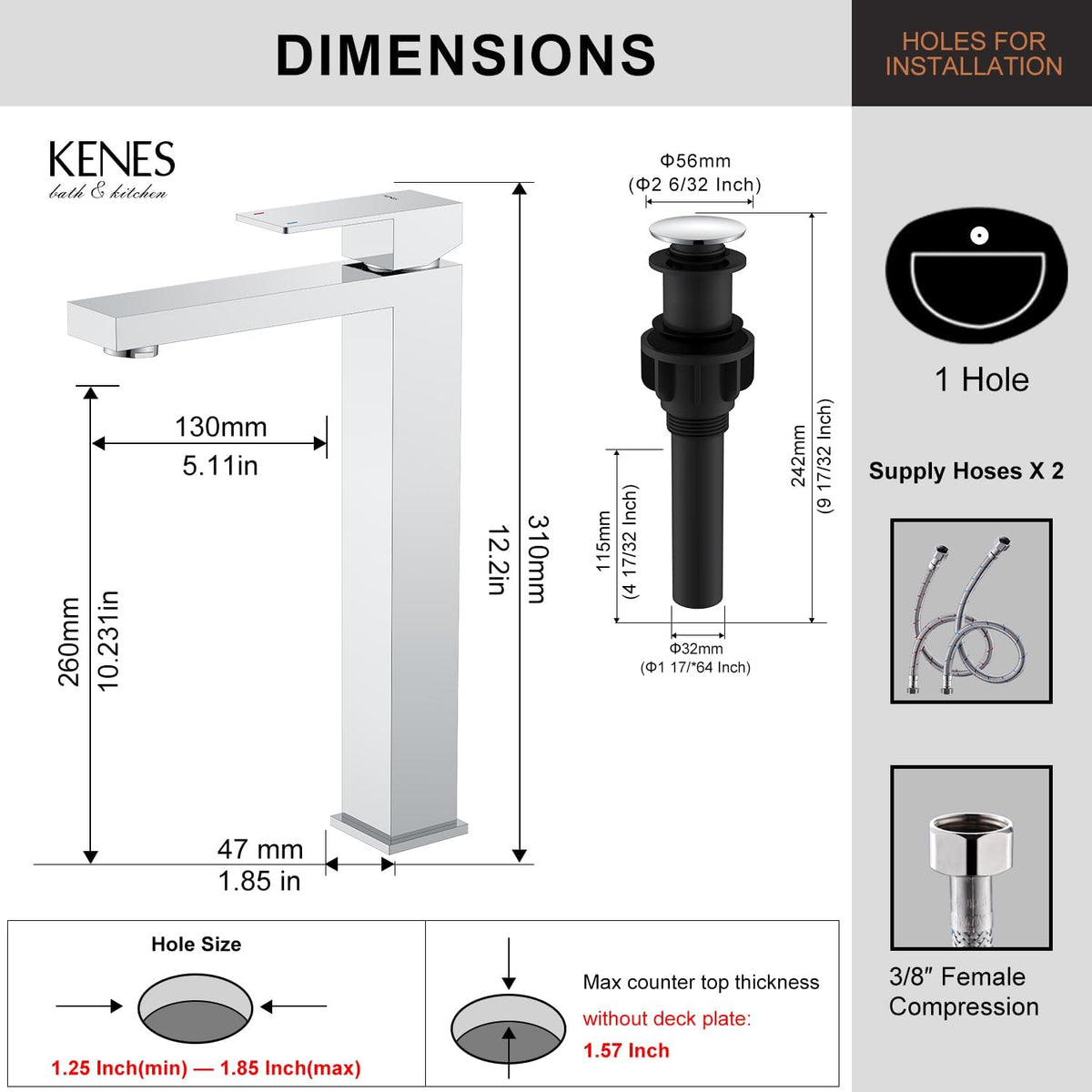 KENES Chrome Bowl Vessel Sink Facuet Single Handle Tall Bathroom Sink Faucet Bathroom Vanity Faucet Basin Mixer Tap with Water Supply Lines and Pop Up Sink Drain, LJ-9031A-5