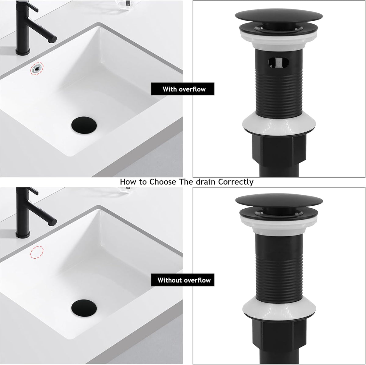 Bathroom Sink Drain,Drain Stopper Bathroom Sink with Overflow,Pop Up Drain Assembly with Detachable Strainer Basket,Built-in Anti-Clogging, Stainless Steel Nut Mattle Black