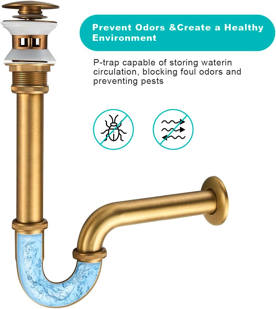Bathroom Sink Stopper P-Trap Complete Set, Adjustable 1-1/4 Bottle Trap Sink Drain Kit Tube and Pop Up Drain Stopper Set with Overflow, Antique