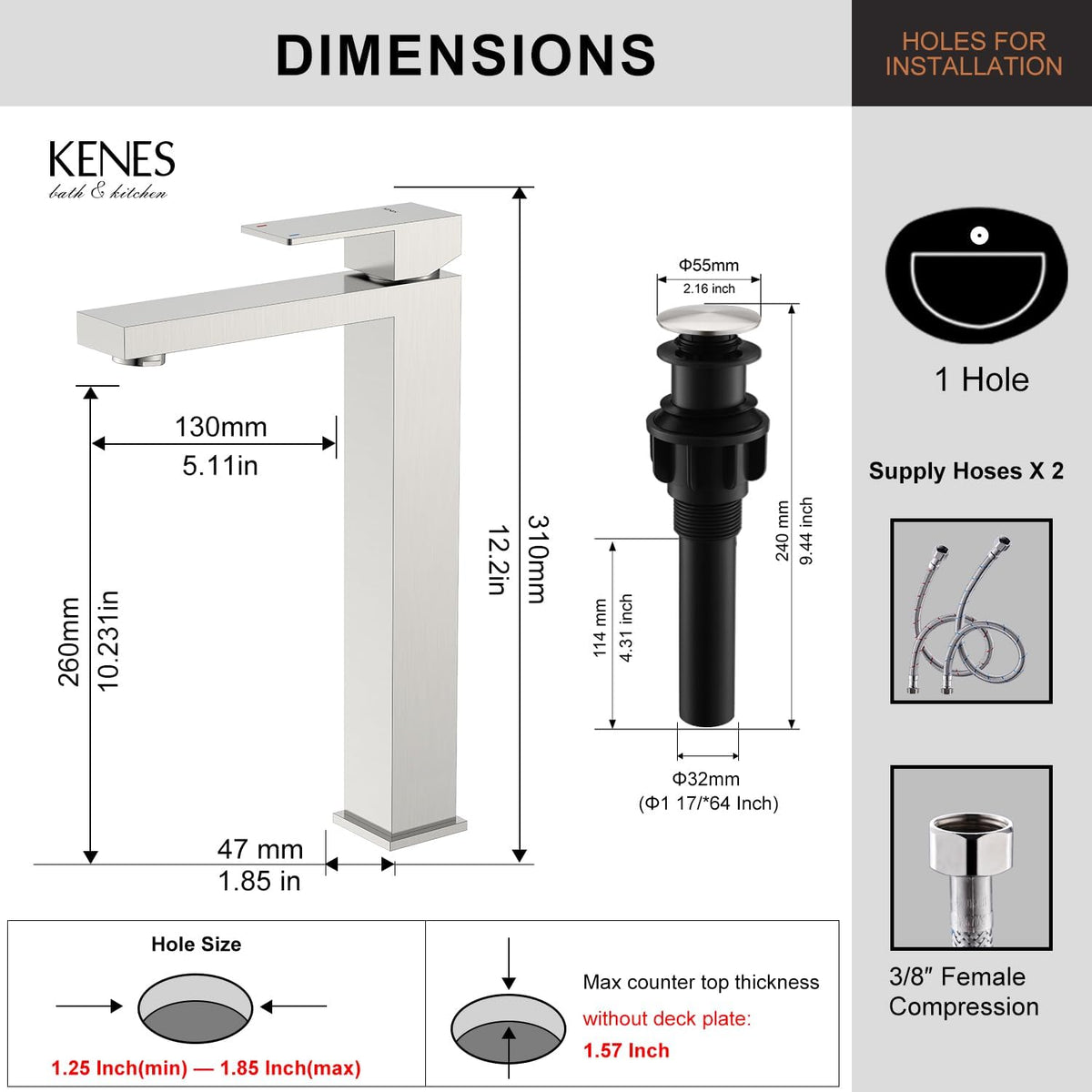 KENES Brushed Nickel Vessel Sink Facuet Single Handle Tall Bathroom Sink Faucet Vanity Bathroom Faucet Basin Mixer Tap with Water Supply Hose and Pop Up Sink Drain, LJ-9031A