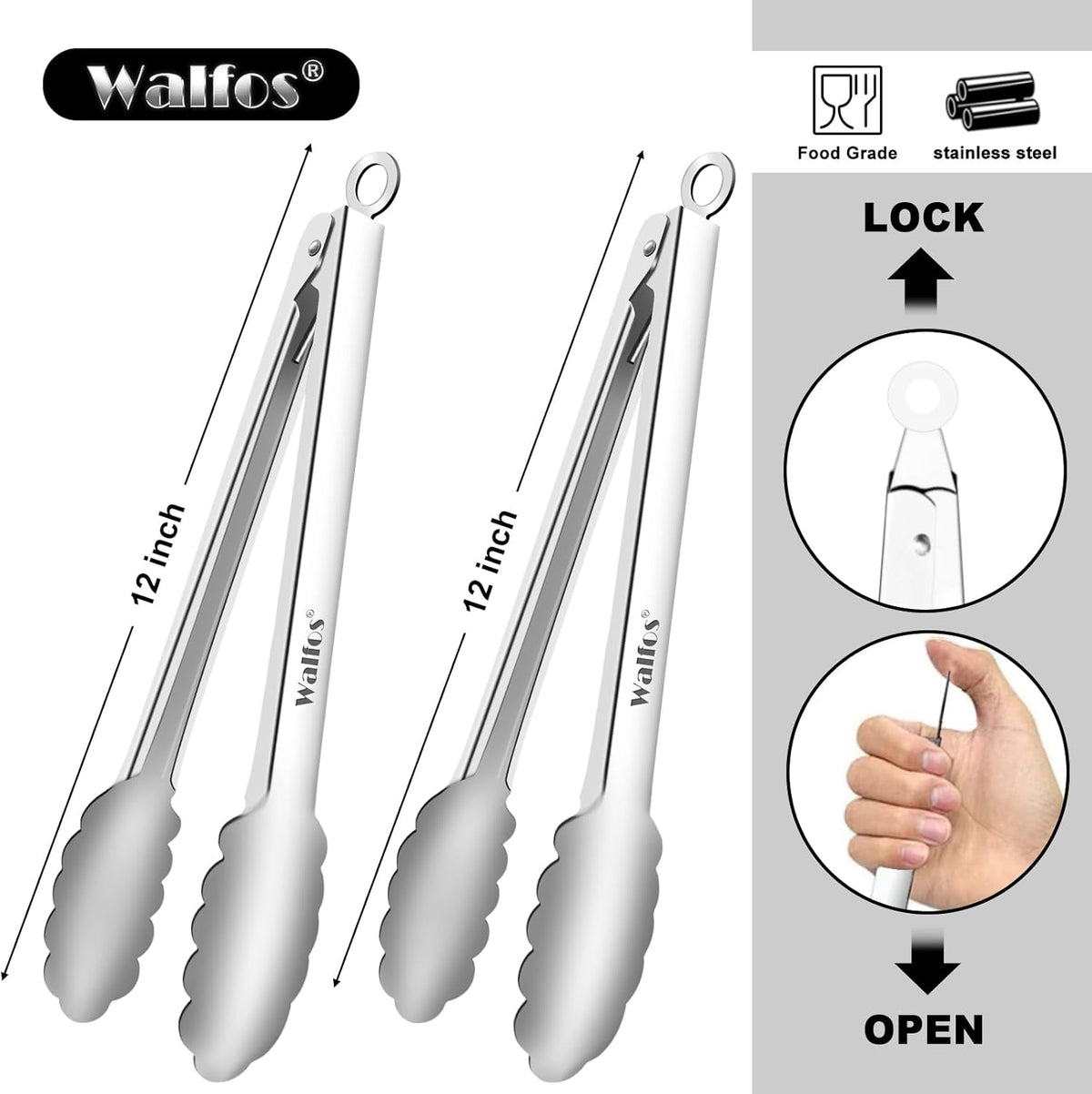 Walfos tongs for cooking, All Metal Kitchen Tongs 600℉ Heat Resistant, Heavy Duty Locking Tongs 2-piece 12 Inch