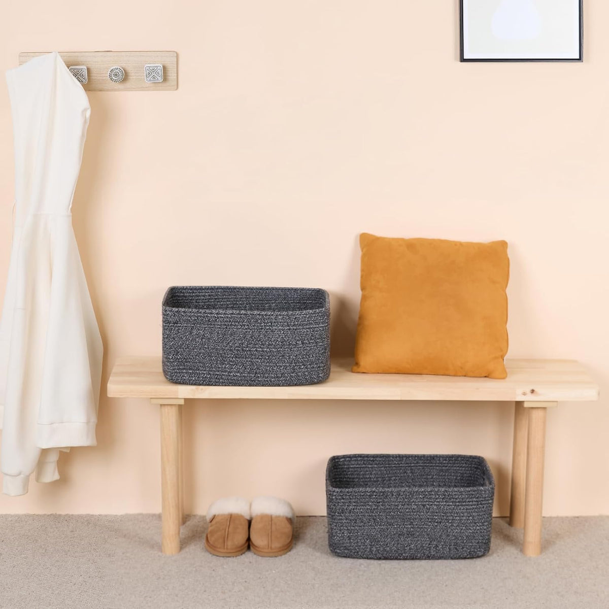 Large Storage Baskets for Shelves, Closet Organizers Bins for Clothes Blanket Towels, Baby Nursery, Toy Baskets Box, Woven Rope Baskets, 17 x 13 x 7.5β, 3 Packs Dark Gray