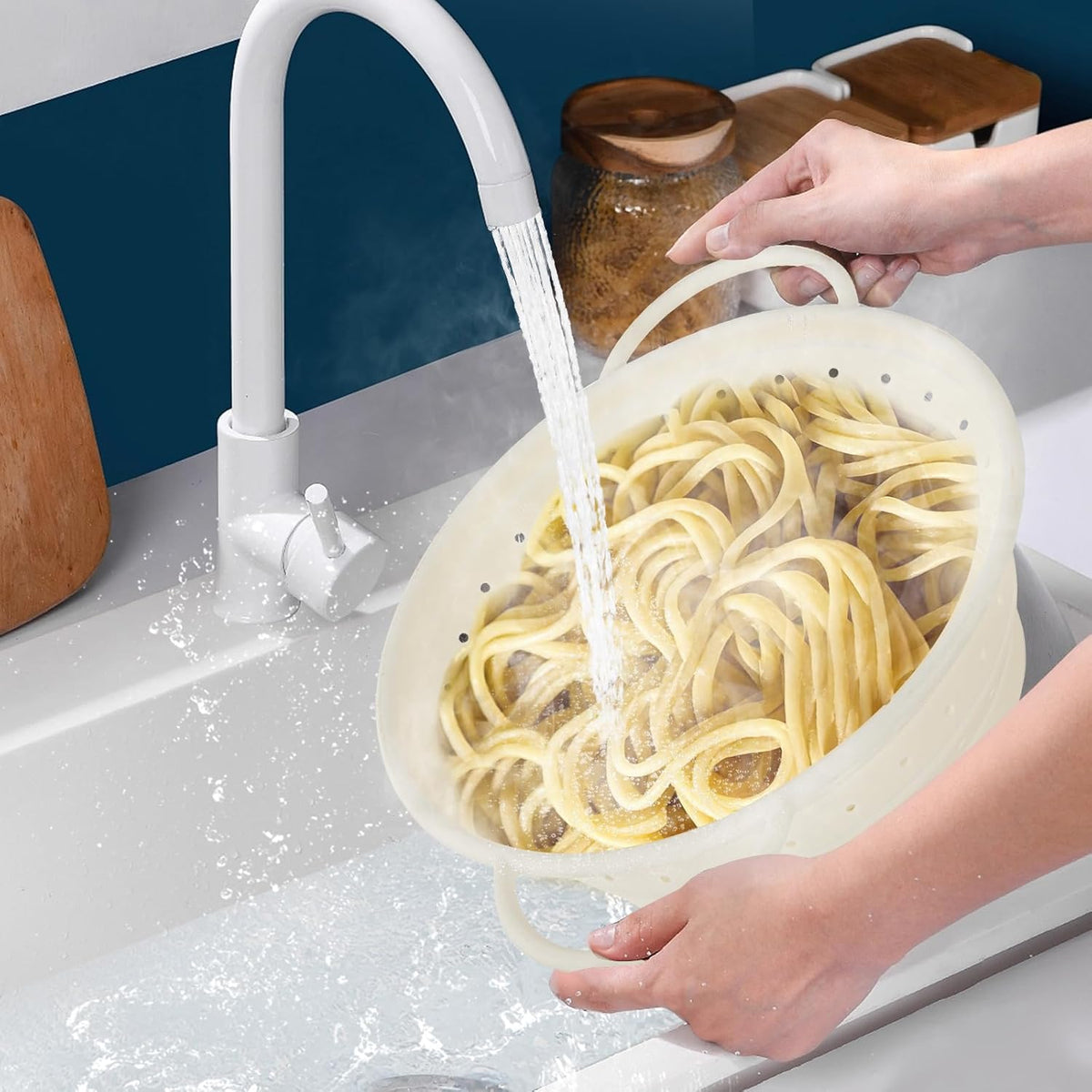 Strainers and Colanders, Silicone Collapsible Sink Collander, 13in, Strainers and Colanders for Kitchen, Large Drainer for Vegetable, Food, Pasta (White) (2)