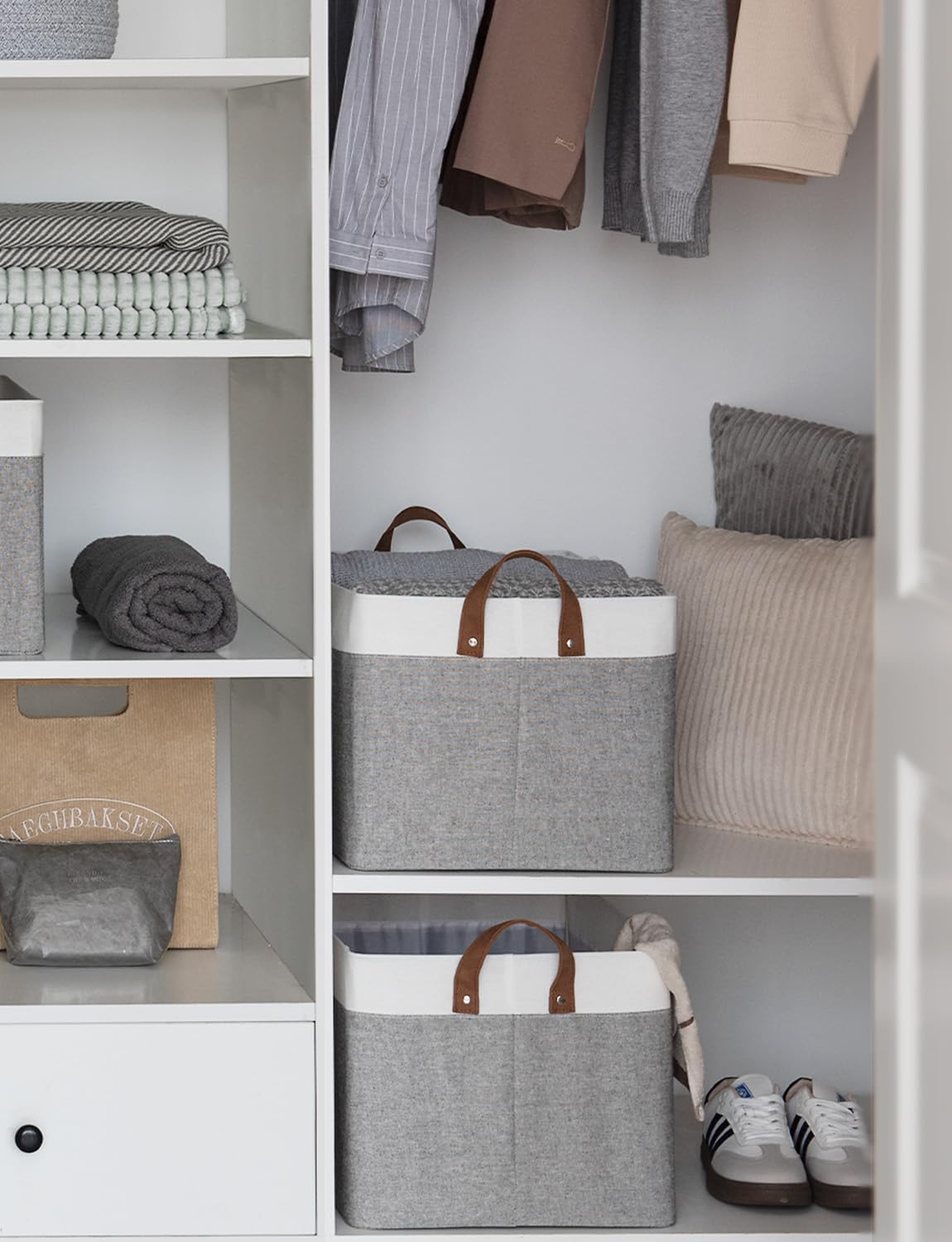 StorageWorks Storage Bins, Fabric Storage Bins for Shelves, Extra Large Storage Baskets with Metal Frame, Closet Baskets and Bins with Handles, Jumbo, Gray and White, 2-Pack