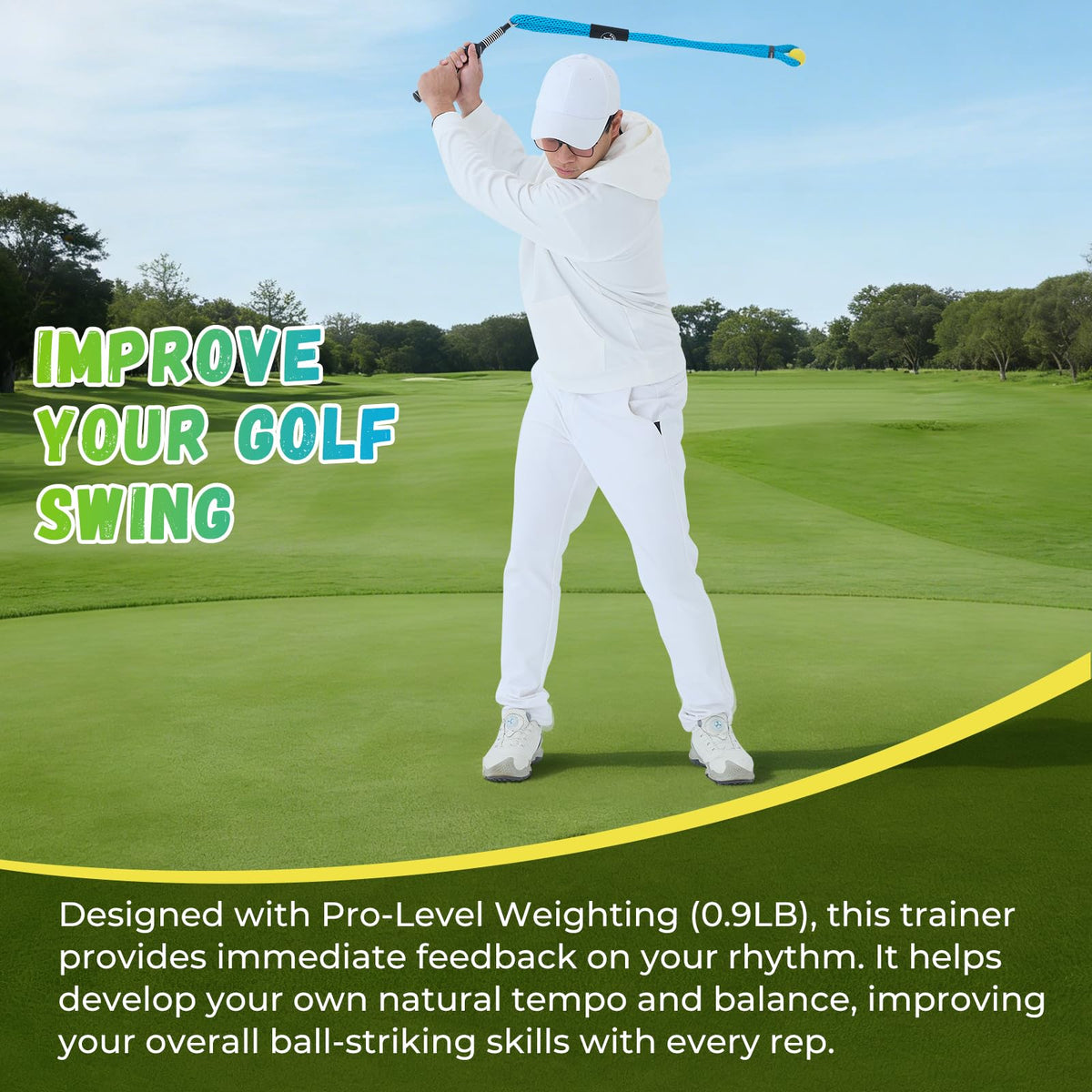 Cusprtm Golf Swing Trainer Rope with Molded Training Grip – Hand Position Corrector for Beginners – Golf Rope Aid for Tempo & Rhythm – Indoor Golf Practice Rope with Soft Safety Head (Blue-RH)