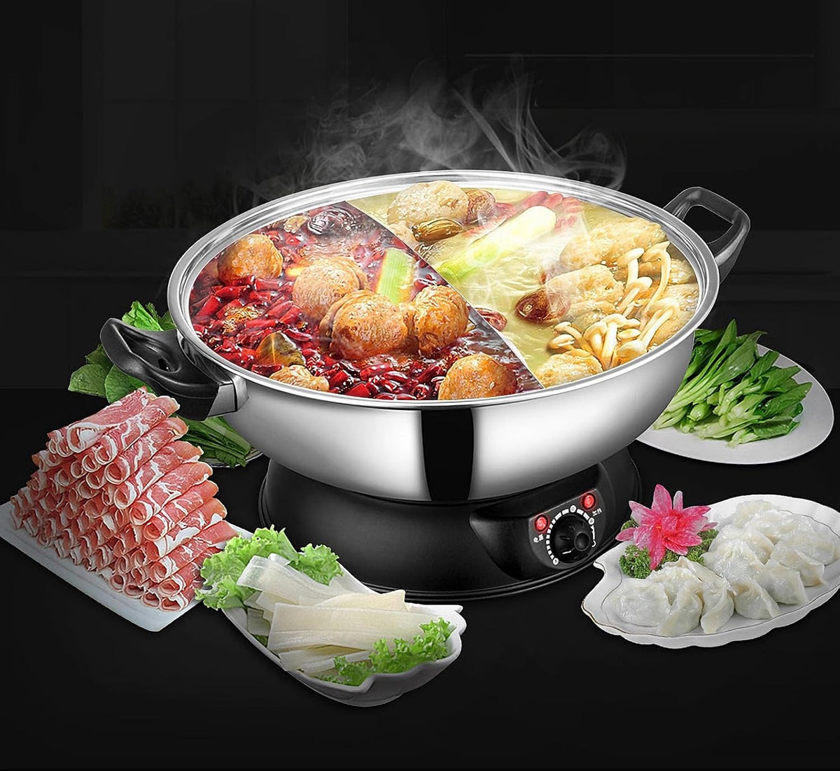 Sonya 5L Electric Dual-Sided Shabu Shabu & Mongolian Hot Pot – Stainless Steel, Large Capacity for Family Meals & Hot Pot Parties