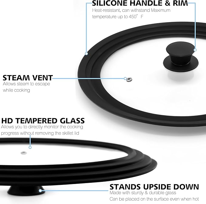 Anaeat Silicone Universal Lid for Pots, Pans and Skillets - Tempered Glass Covered with Heat Resistant Silicone Rim Fits All 6" to 11" Diameter Cookware -Easy to Use Replacement Frying Pan Cover