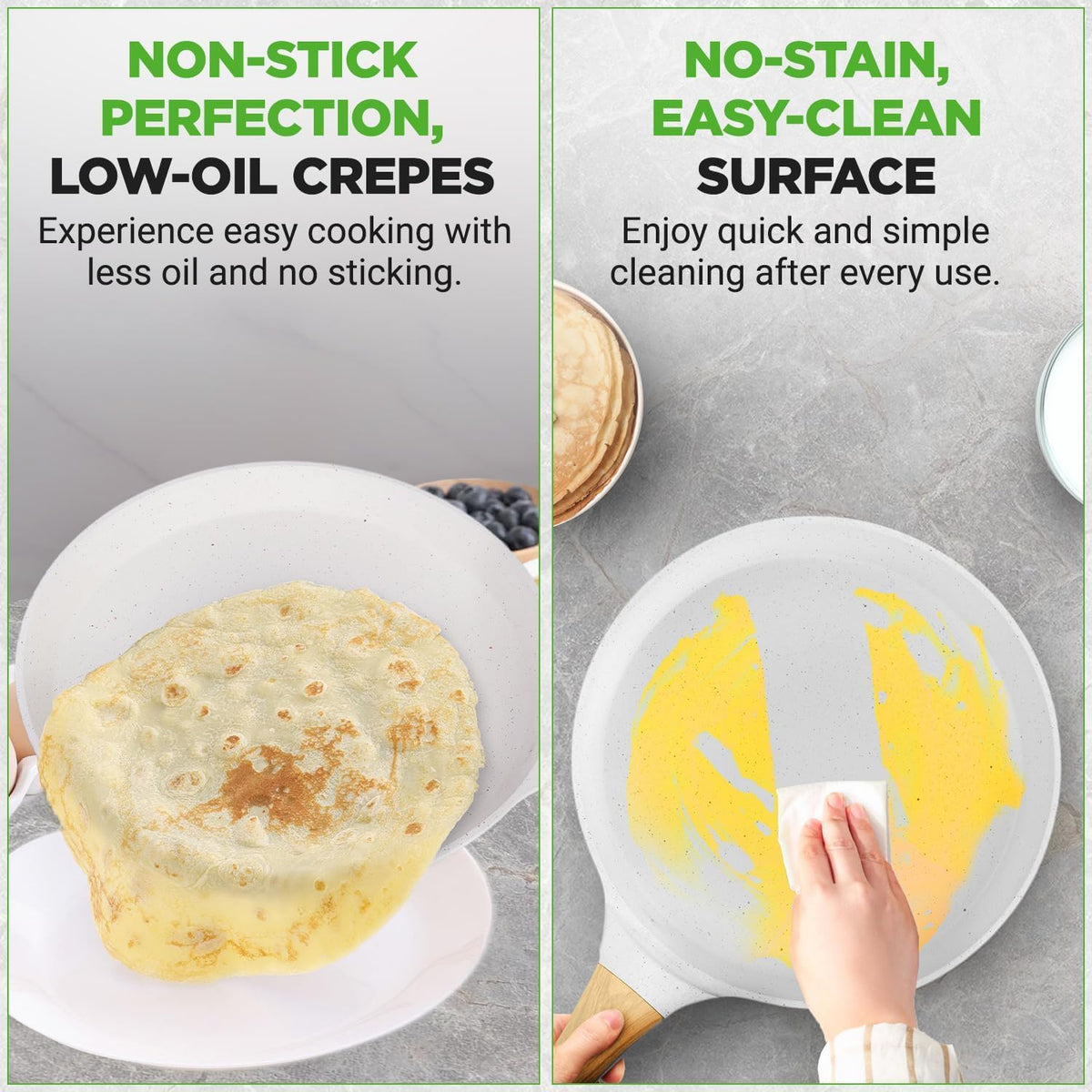 NutriChef 9.45” Non-Stick Crepe Pan with Wooden Spreader, Durable Marble Coated Dosa Pan, Bakelite Handle and Induction Bottom, PFOA/PFOS Free, Dishwasher Safe, Even Heat Distribution (White Cream)