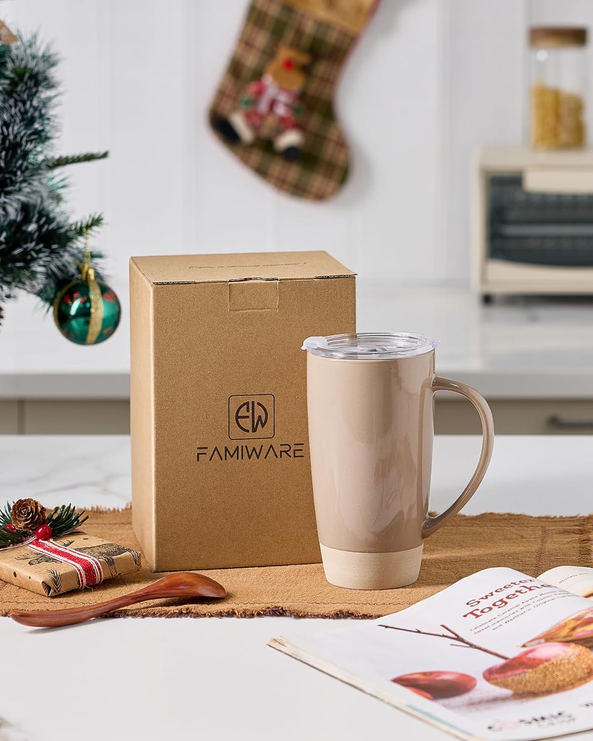 famiware Milkyway Coffee Mugs, 20oz Large Coffee Mug, Ceramic Mug Set of 2 with Lid, Cup Set with Handle for Latte, Tea, Cocoa, Milk, Home & Office, Cinnamon Brown and Light Gray