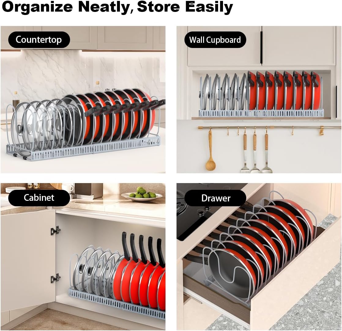 Housolution Pot and Pan Organizer Rack for Cabinet, Upgraded Expandable Pot Lid Organizer with 14 Adjustable Dividers, Pan Holder Storage Rack for Kitchen Cabinet, Grey