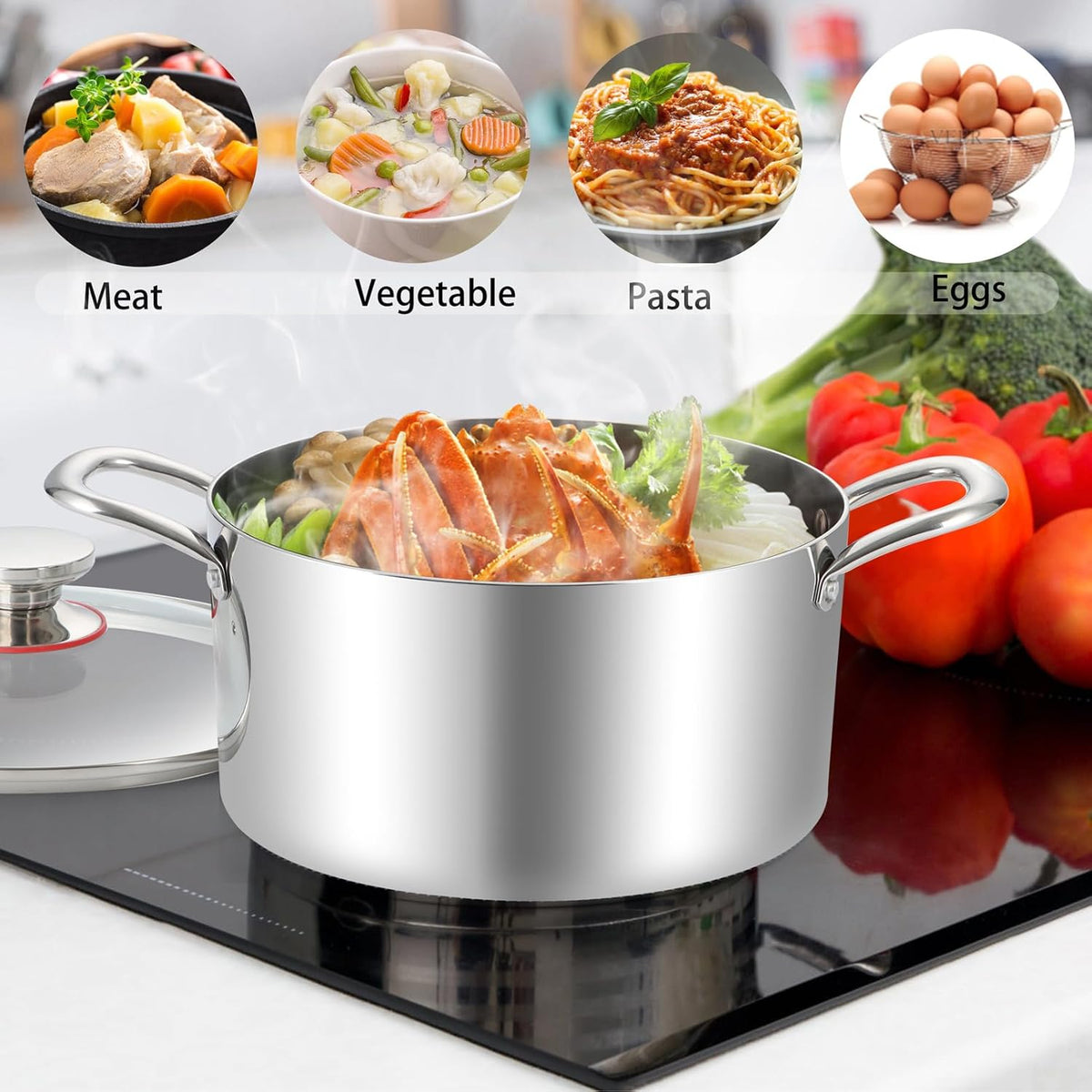 TeamFar 8 Quart Stock Pot, Stainless Steel Tri-ply Stockpot Pasta Cooking Pot with Glass Lid, for Induction Electric Gas Ceramic Stoves, Toxic Free & Heavy Duty, Double Handles & Dishwasher Safe
