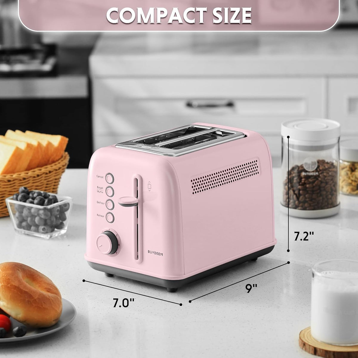 BUYDEEM DT620 2-Slice Toaster, Extra Wide Slots, Retro Stainless Steel with High Lift Lever, Bagel and Muffin Function, Removal Crumb Tray, 7-Shade Settings,Pink