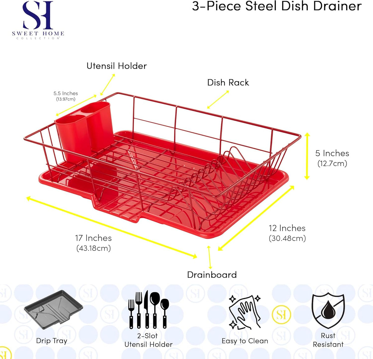 Sweet Home Collection Space-Saving 3-Piece Dish Drainer Rack Set Efficient Kitchen Organizer for Quick Drying and Storage Includes Cutlery Holder and Drainboard Maximize Countertop Space, Bright Red