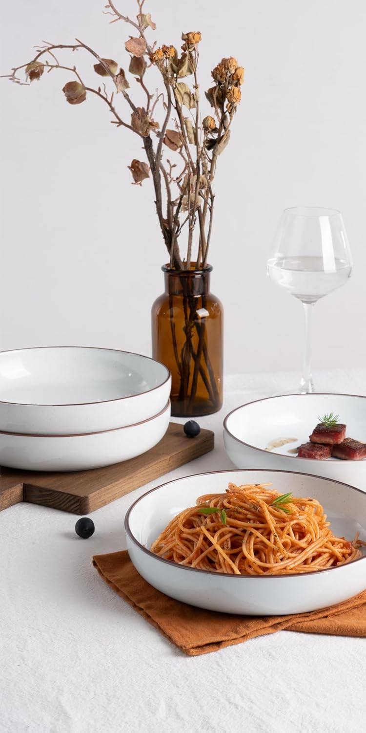 famiware Mercury Pasta Bowls Set of 4, 33 oz Large Salad Bowls, Stoneware Pasta Plates Bowls, Serving Bowls for Kitchen, Microwave & Dishwasher Safe, White