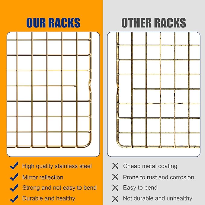2PCS Cooling Racks for Cooking and Baking - 10" x 16"Heavy Duty Stainless Steel Wire Rack for Baking, Grilling, Roasting - Oven & Dishwasher Safe - Fits Half Sheet Pan(Gold)