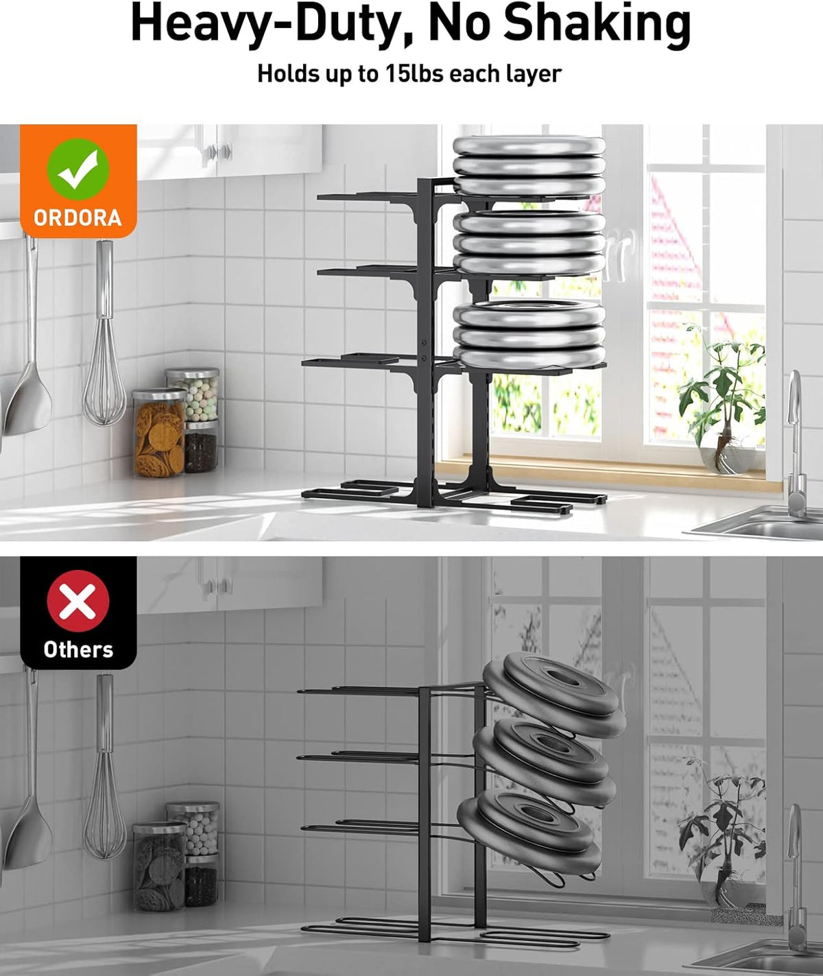 ORDORA Pots and Pans Organizer: under Cabinet, 20.8" Height Heavy Duty 120LBS Pots Pans Organizer Rack for under Cabinet 8-Tier Adjustable for Big Stockpots, Dutch Oven, Cast-iron Pans, Heavy Cookware