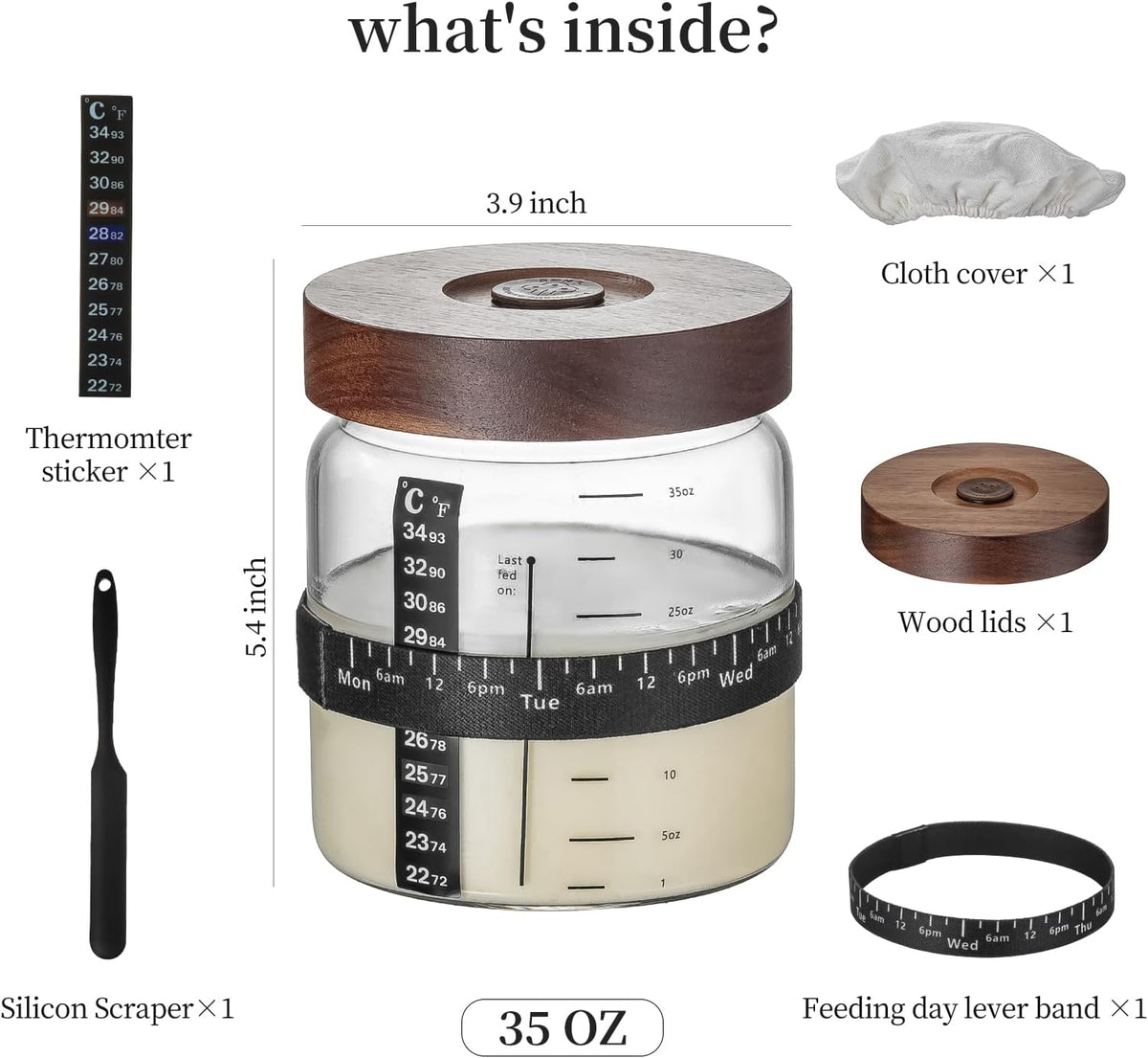 Wissy&Konny Sourdough Starter Jar,Wood Sealed Lid with Automatic Exhaust,35OZ with Ounce Scale Line,Date Marked Feeding Band, Thermometer, Sourdough Jar Scraper,Wide Mouth for Sourdough Bread Baking