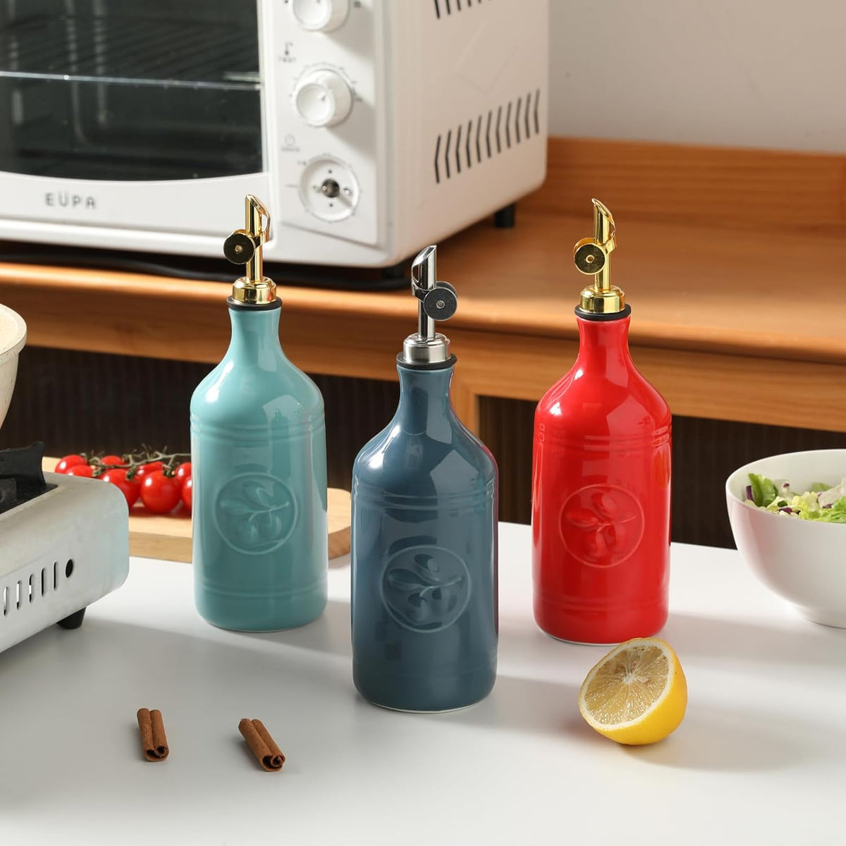 Sweejar 16 Oz Ceramic Olive Oil Dispenser Bottle, Oil Dispenser for Kitchen with Gravity Spout, Relief Opaque Vinegar Container for Evoo, Soy Sauce, 1 Pack(Red, Gold Spout)