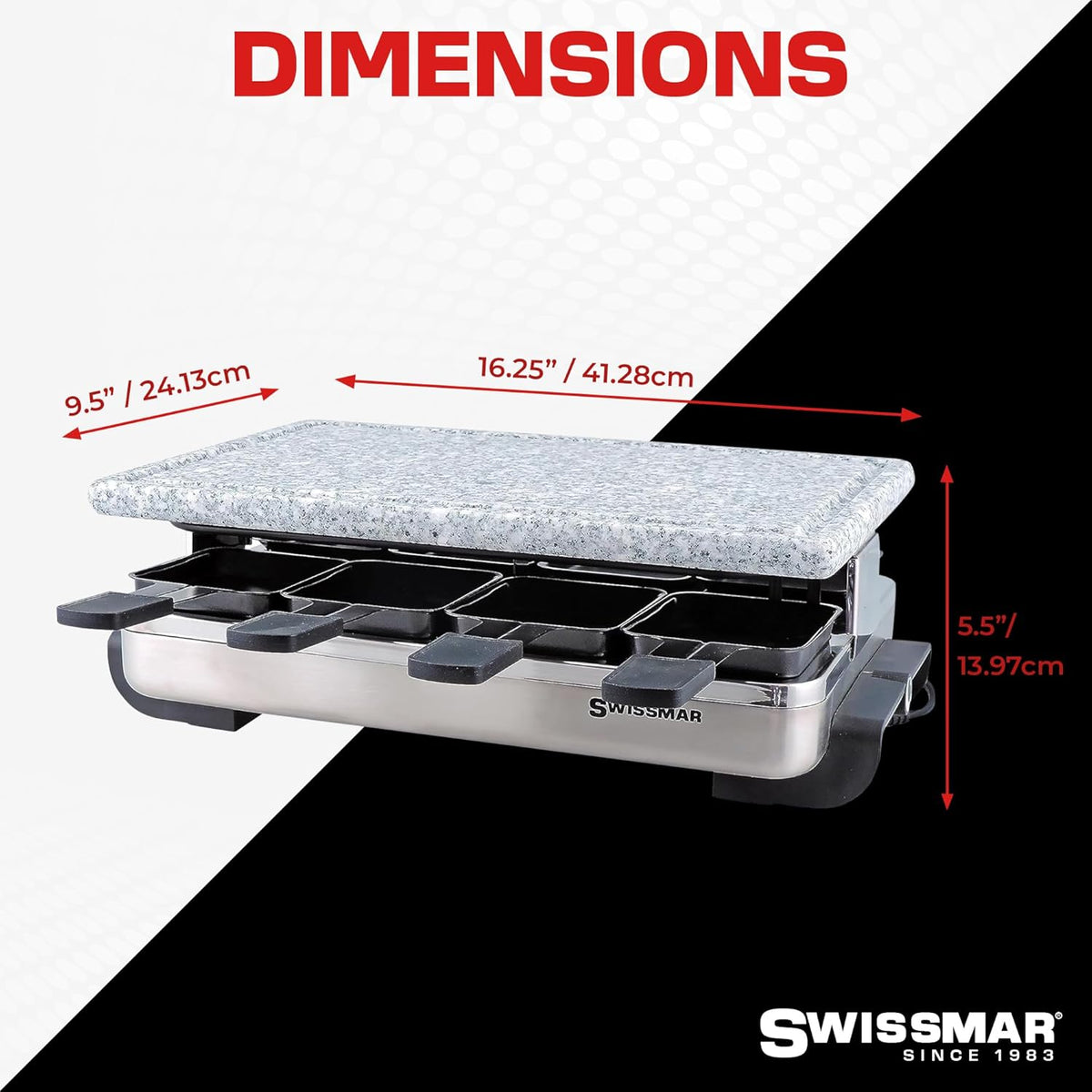 Swissmar Stelvio Raclette Party Grill with Granite Stone Non-Stick Grill Plate/Crepe Top, Outdoor & Indoor Electric BBQ Grill, Samgyupsal Griller - Brushed Stainless Steel - 8-Person - Silver
