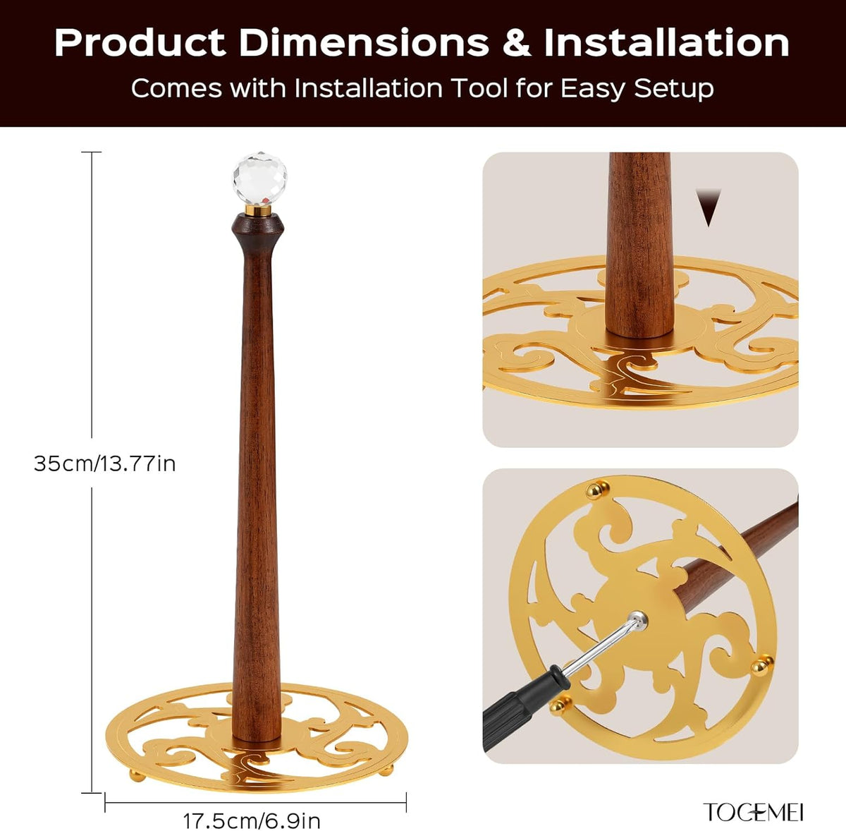 Wooden Countertop Paper Towel Holder,Iron Base with Die-Cast Pattern, Solid Wood Rod & Crystal Finial Top,Slow Reveal Artistry, Stable&Durable, Easy Install - Elevates Kitchen Décor(Gold)