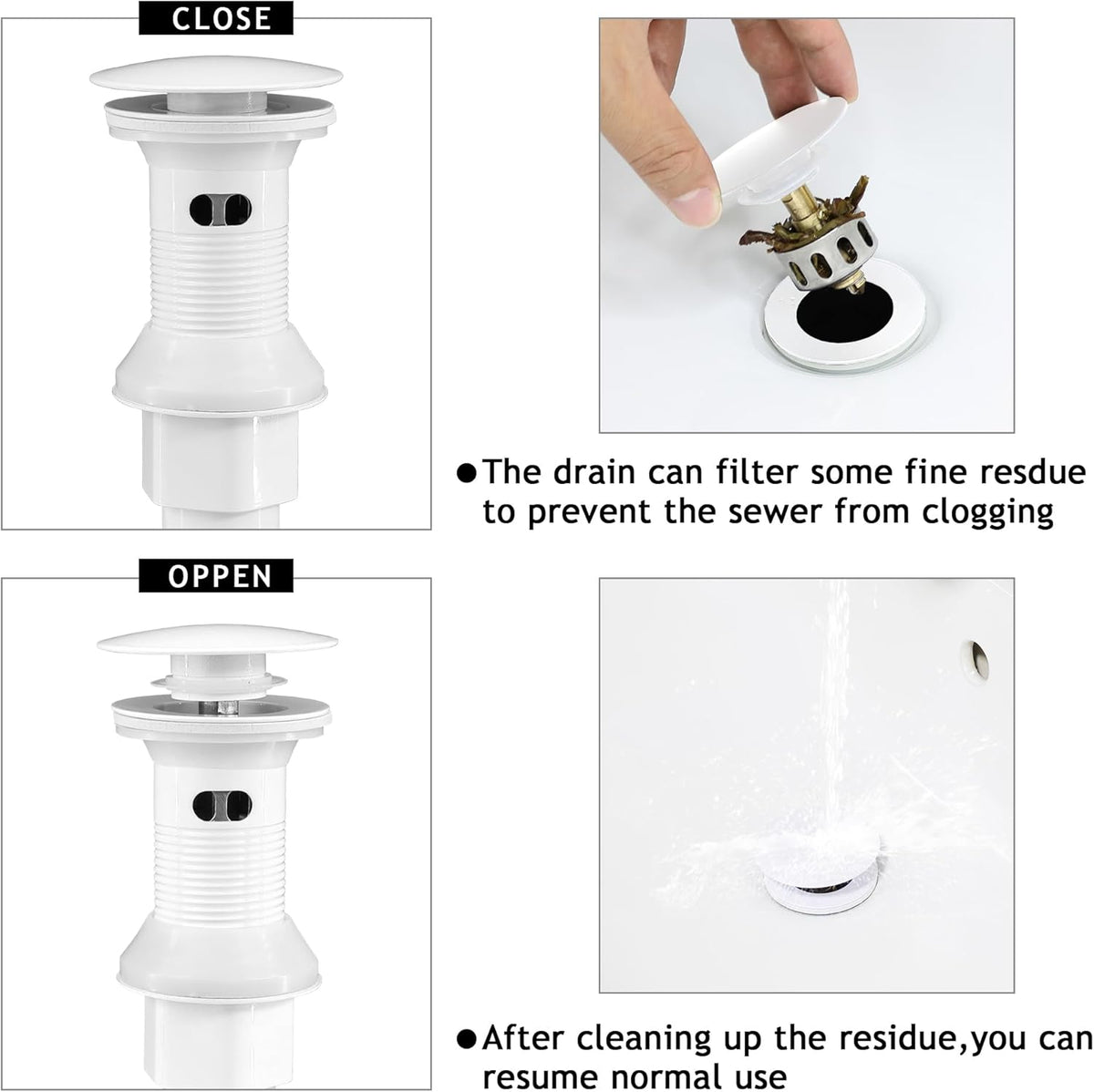 Bathroom Sink Drain,Drain Stopper Bathroom Sink with Overflow,Pop Up Drain Assembly with Detachable Strainer Basket,Built-in Anti-Clogging, Stainless Steel Nut White