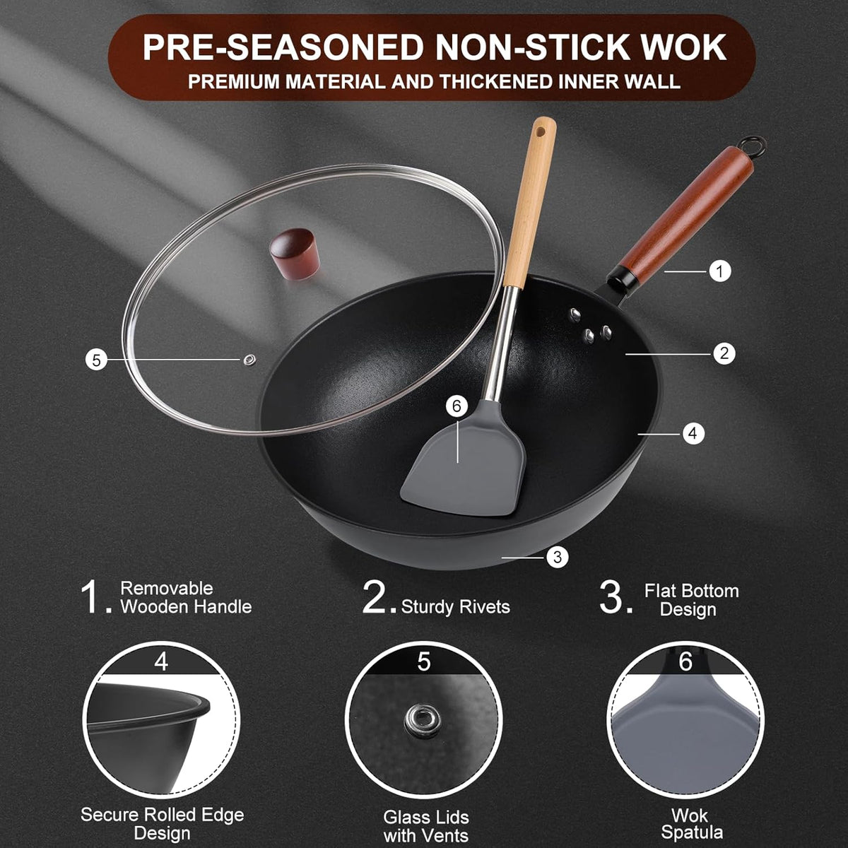 13" Nonstick Wok - Wok Pan with Glass Cover, Carbon Steel Woks & Stir-Fry Pans: Flat Bottom Chinese woks for Electric, Induction, Gas, All Stoves