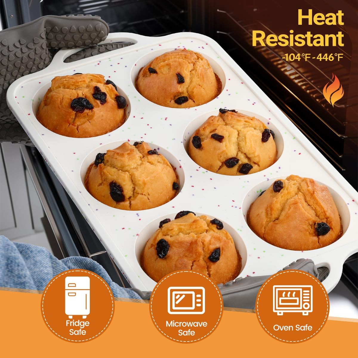 FUNBAKY Jumbo Silicone Muffin Pan with Metal Frame, 3.5 Inch Large Muffin Pans 6 Cups 2 Pack Confetti