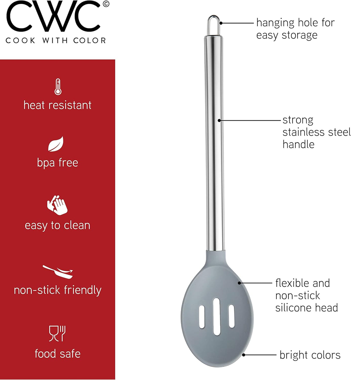 COOK WITH COLOR Silicone Cooking Utensils, Kitchen Utensil Set, Easy to Clean Silicone Kitchen Utensils, Cooking Utensils for Nonstick Cookware, Kitchen Gadgets Set, 5 Pieces, Red