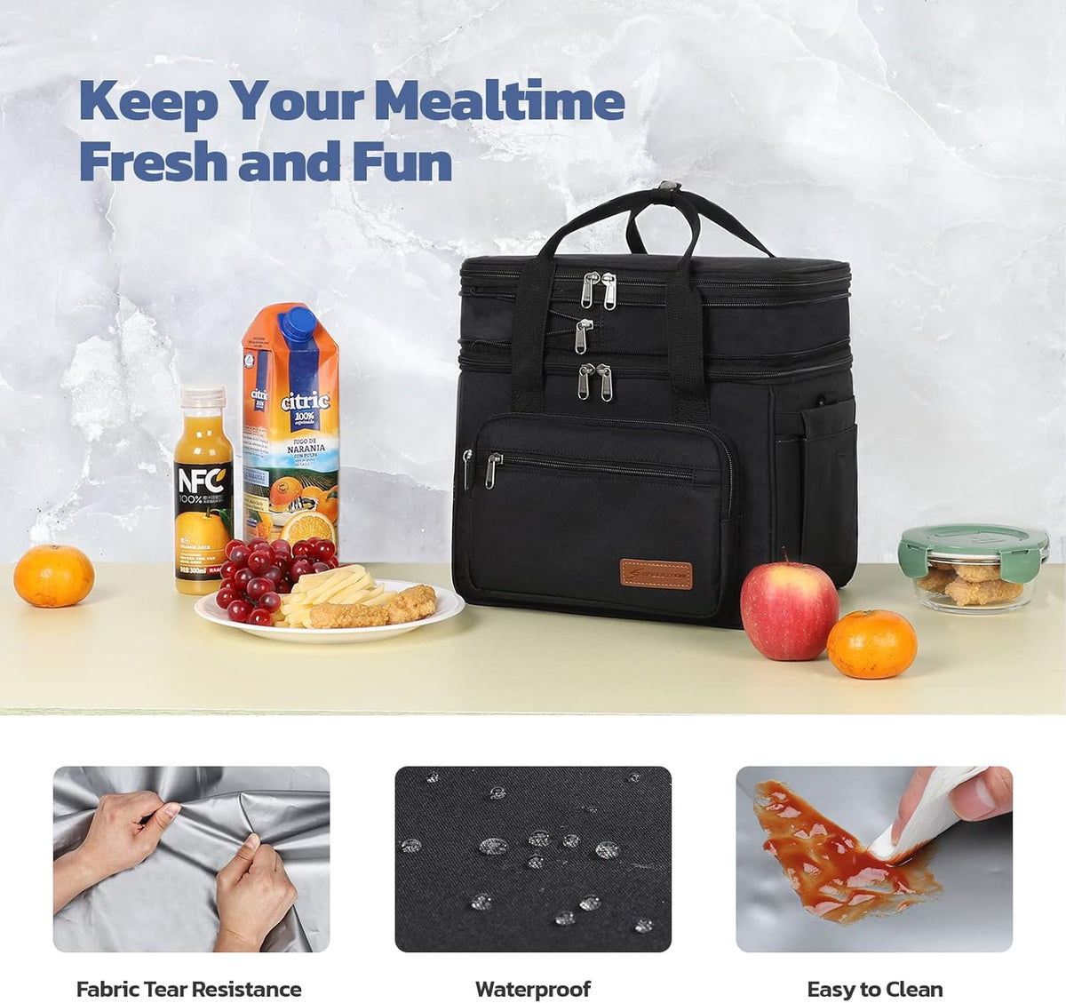 Maelstrom Lunch Box, 23L Insulated Lunch Bag, Expandable Double Deck Cooler Bag, Lightweight Leakproof Tote Bag With Side Tissue Pocket, Suit For Men and Women, Black