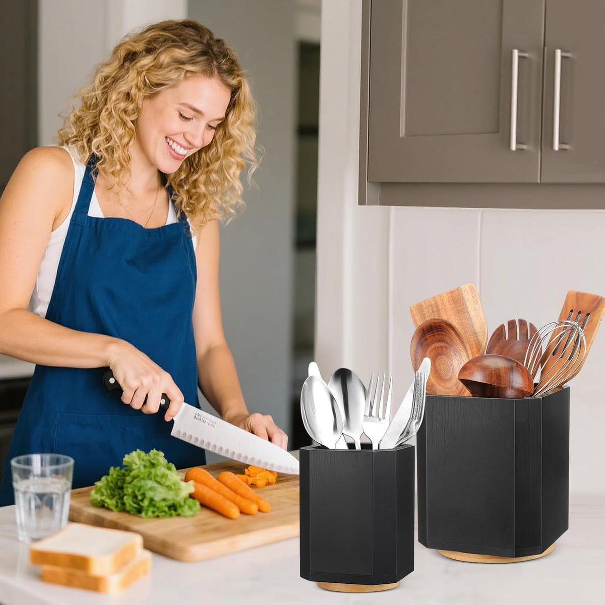 2 Pack Wooden Utensil Holder, 360°Rotating Kitchen Cooking Utensil Crock, Spoon Spatula Holder for Kitchen Counter, Farmhouse Countertop Organizer(Black,Square)