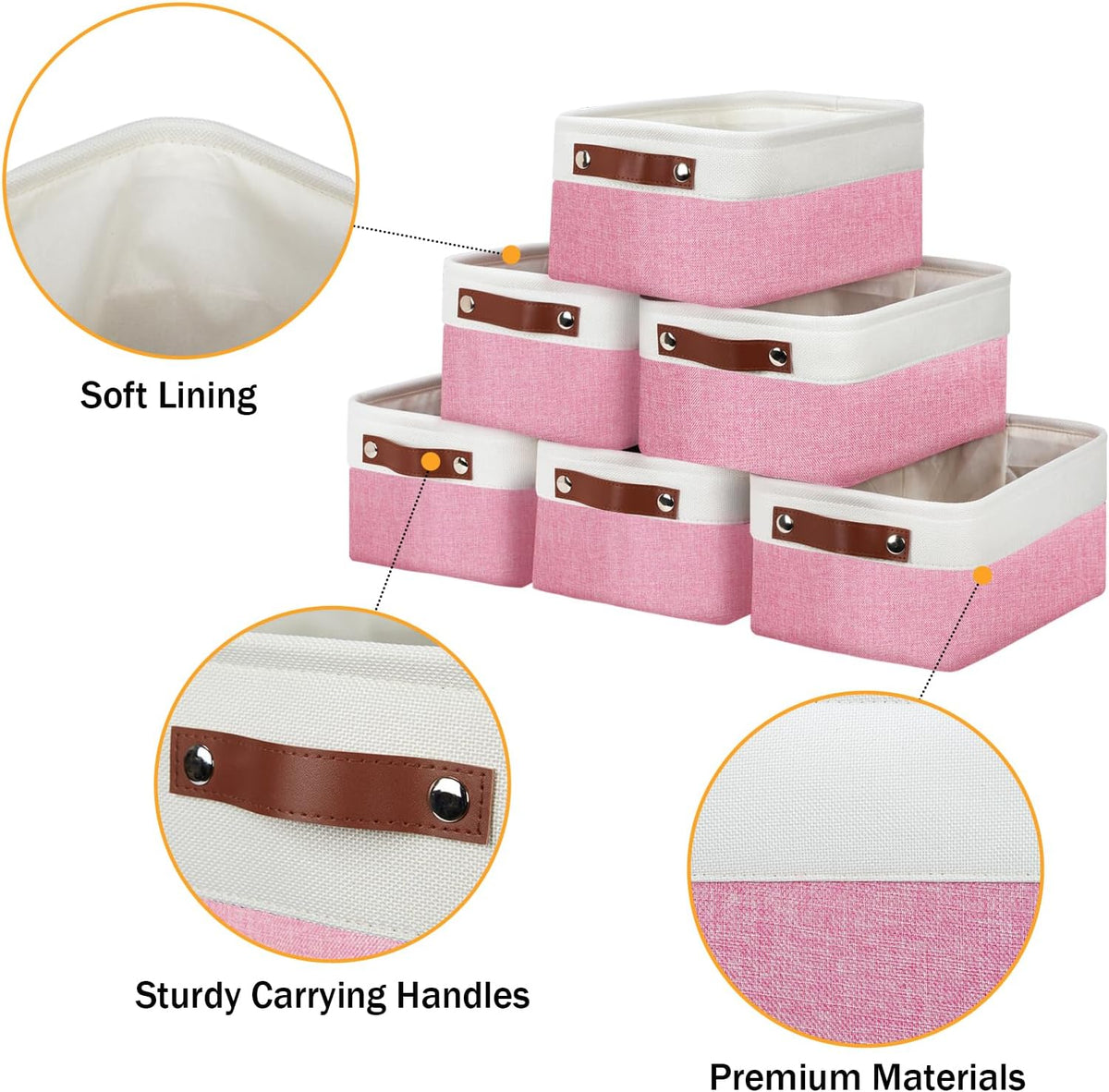 DULLEMELO Small Storage Baskets 6 Pack, Fabric Collapsible Gift Storage Baskets for Shelves, Closets, Nursery, Home, Office Organizing,Small Canvas Linen Rectangular Storage Bins (6-Pack, White&Pink)