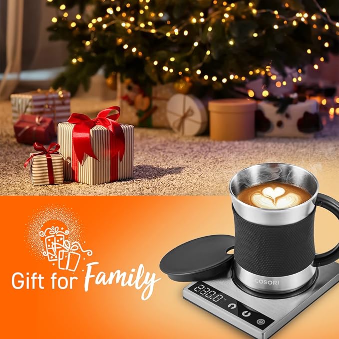 COSORI Coffee Mug Warmer & Mug Set for Desk, Cup Heater, Office & Christmas Gifts, 1Β°F Precise Temperature Control, Touch Tech & LCD Digital Display (77-194β), 304 Stainless Steel, Silver/Black