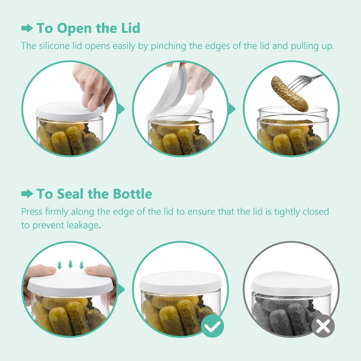Pickle and Olive Container with Strainer Flip - 50 OZ Airtight Glass Jar for Pickle Lover, Versatile Food Keeper, Kitchen Organization Must-Have, BPA-Free, Dishwasher Safe (White)
